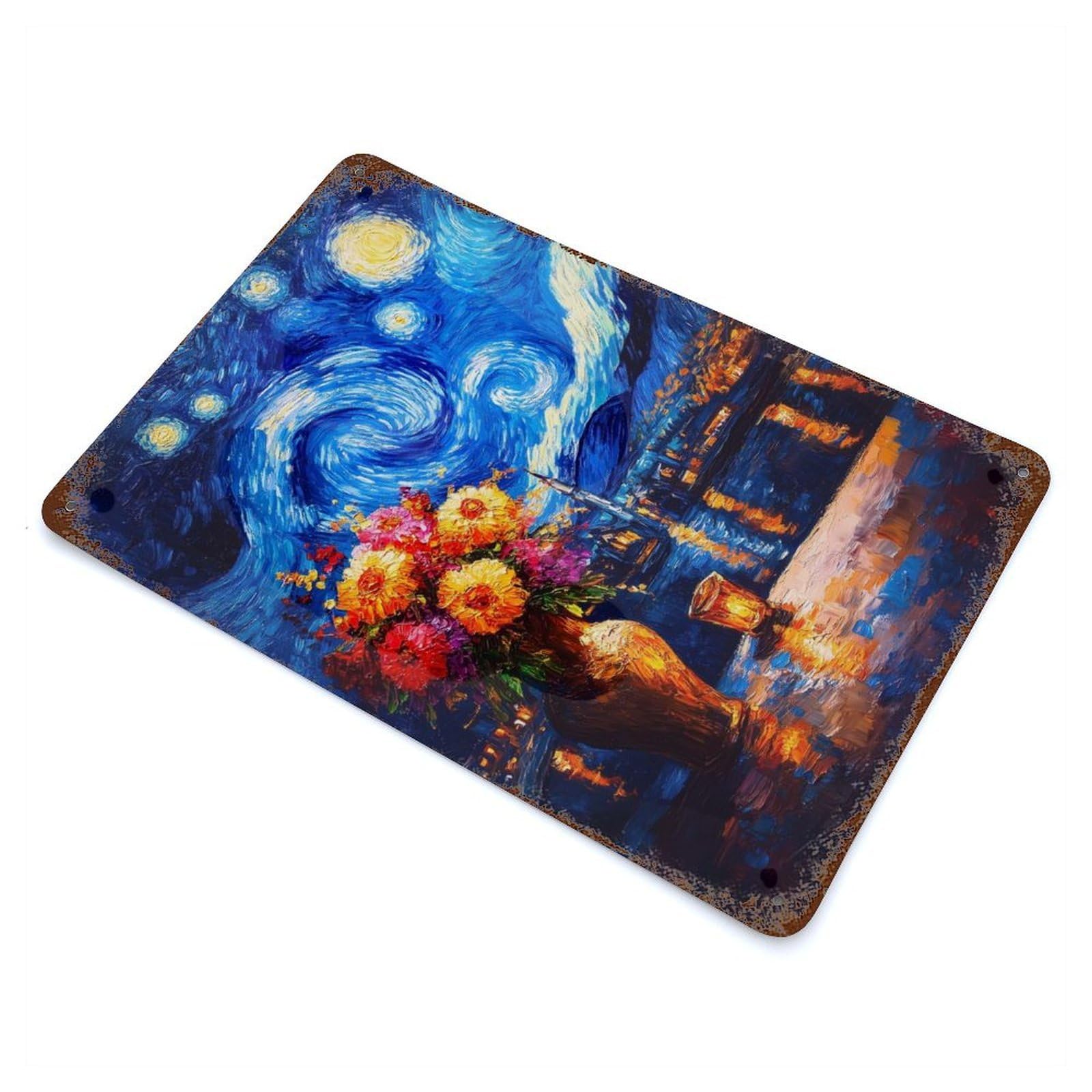 Starry Night Flowers Rustic Tin Plaque 11.8"x7.9", for Shed, Workshop And Garage Wall Decor, Farmhouse Wall Decor