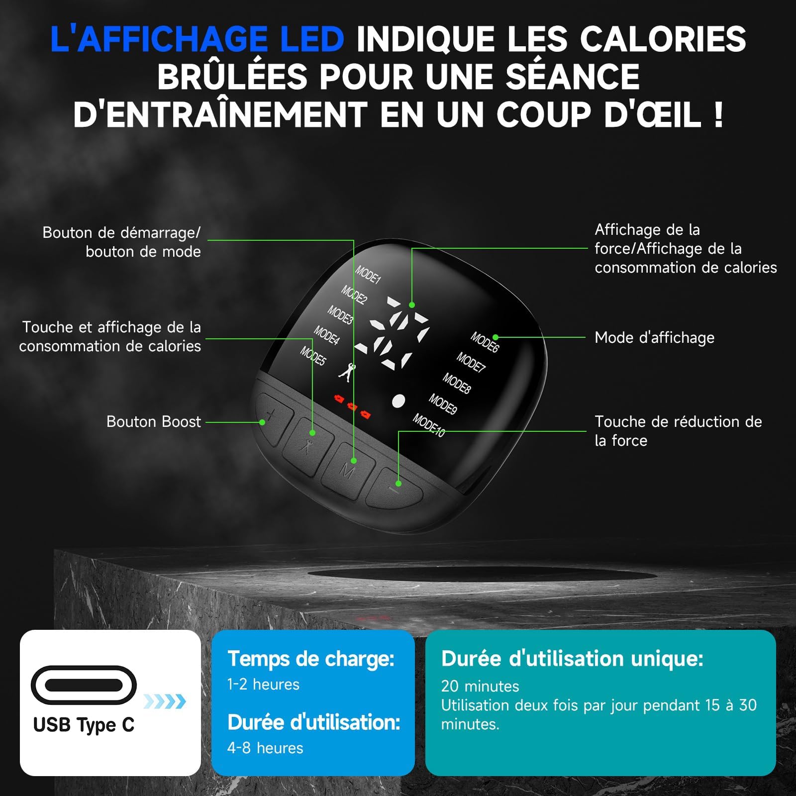 Profey EMS Appareil de Musculation pour abdominaux, électrodes en Aluminium, 10 Modes, 30 Niveaux