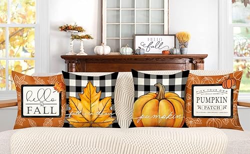 Miniatura 2 de 4TH Emotion Juego de 4 fundas de almohada decorativas de otoño de 18 x 18 pulgadas, diseño de búfalo de Acción de Gracias, decoración de granja,