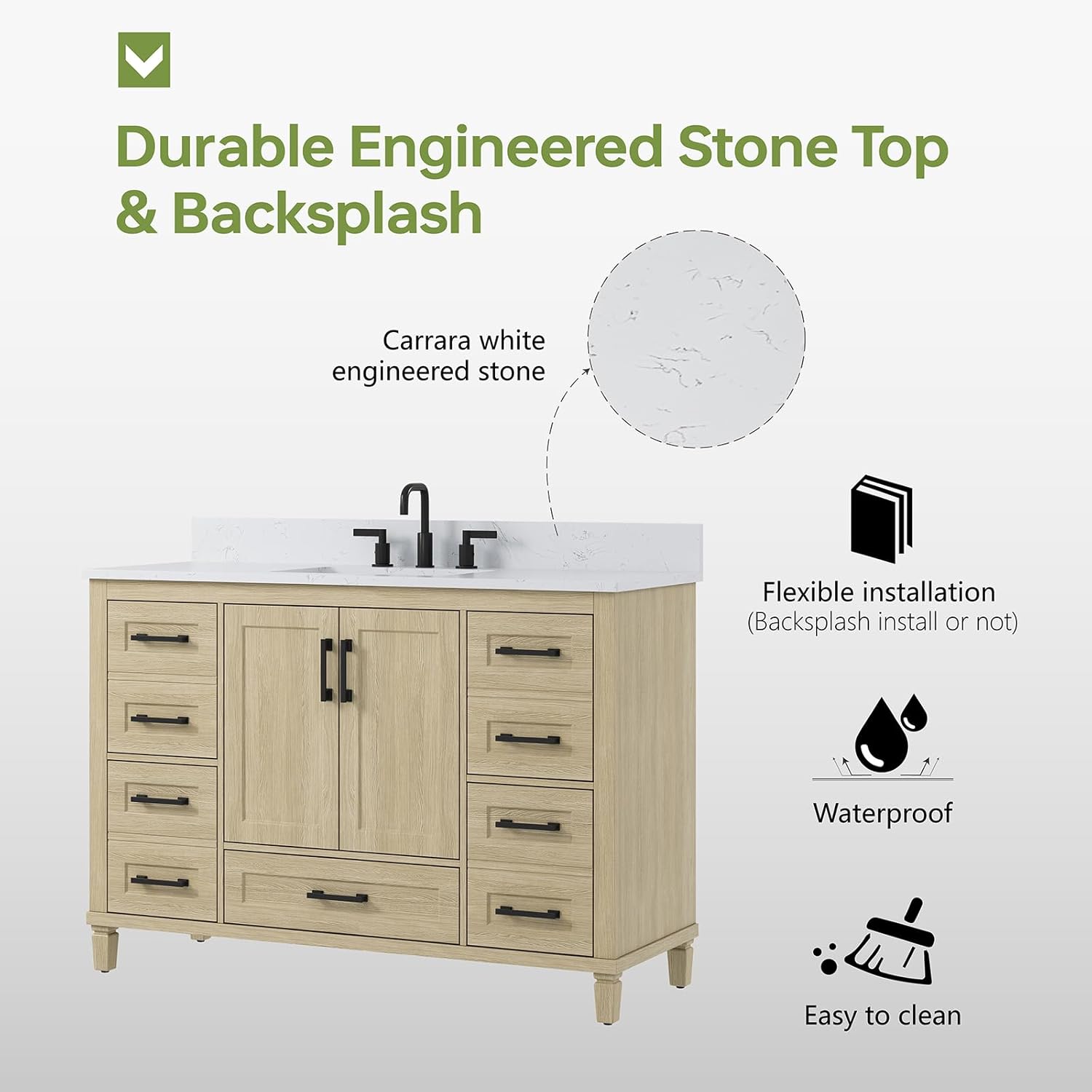 48-Inch Oak Bathroom Vanity with Sink, Fully Assembled Storage Cabinet Featuring 2 Soft-Close Doors & 5 Extendable Drawers, Carrara Engineered Stone Countertop, and Backsplash