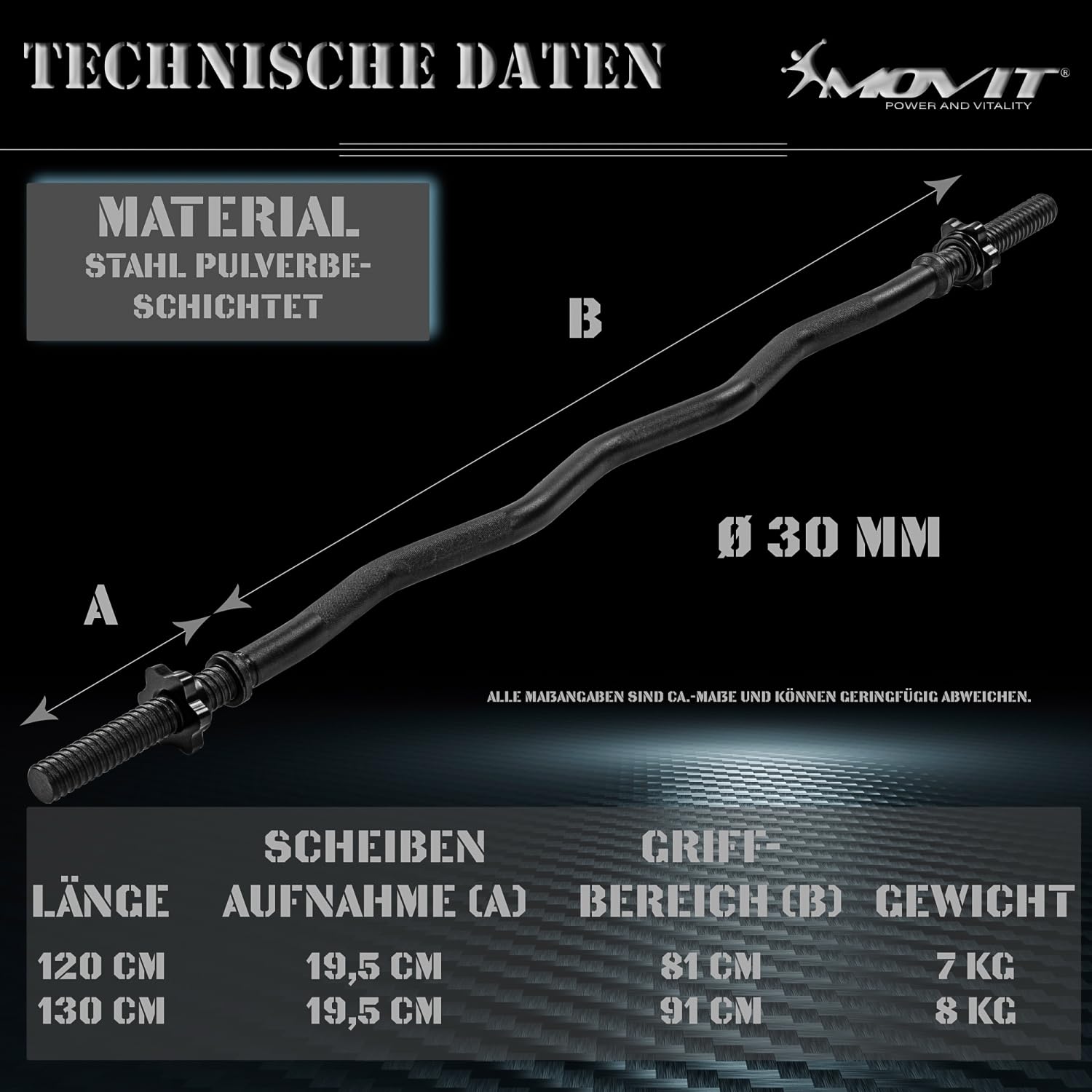 MOVIT Profi SZ Curlstange, 30mm STANDARDNORM, Auswahl: 120cm (7kg) o. 130cm (8kg), verchromt o. schwarz, Sternverschluss o. Federverschluss, Hantel Curl Stange Hantelstange