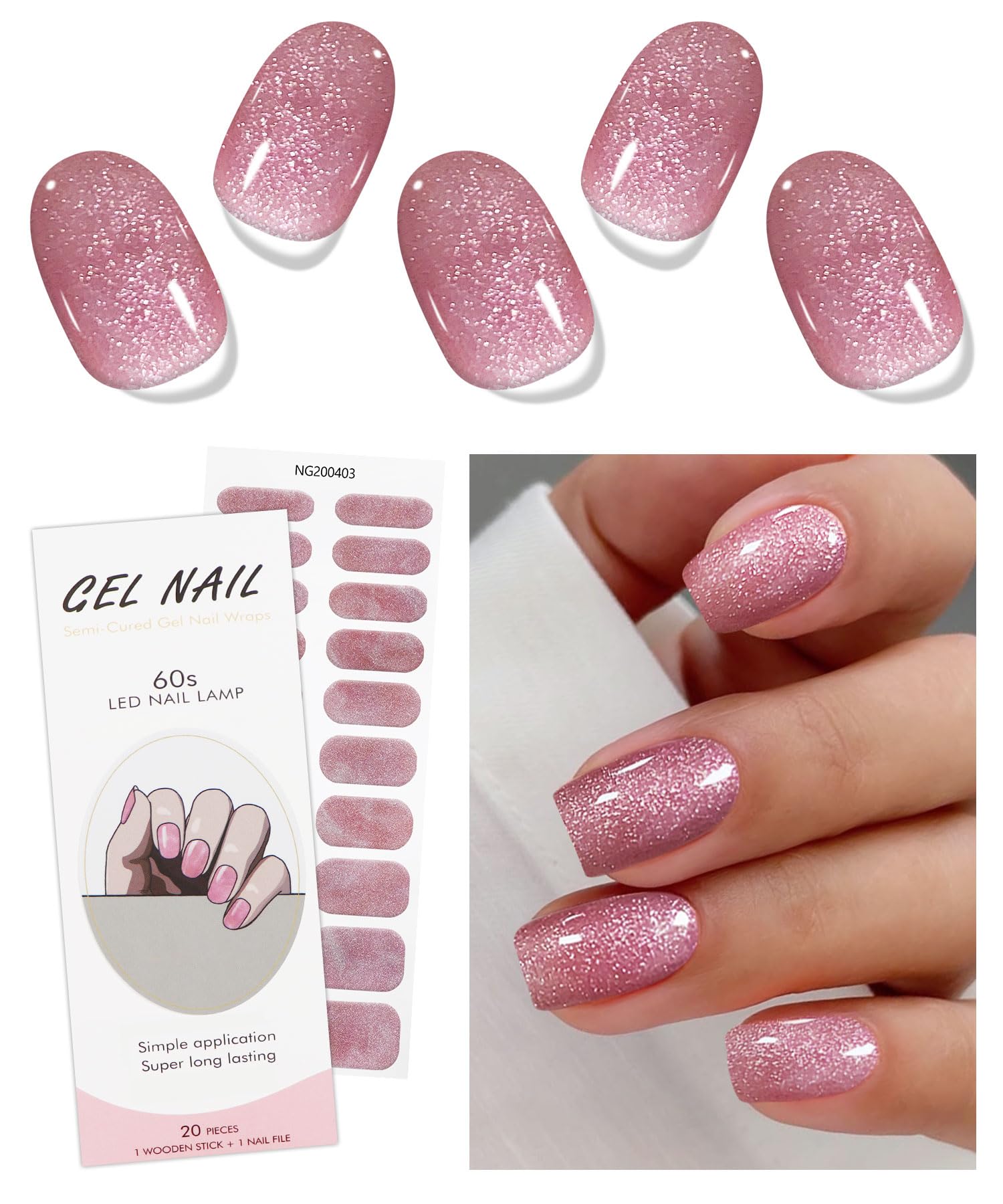 Gel Nail Stickers Pink White Semi Cured Gel Nail Strips Wraps UV/LED Nails Art Design Decoration Accessories