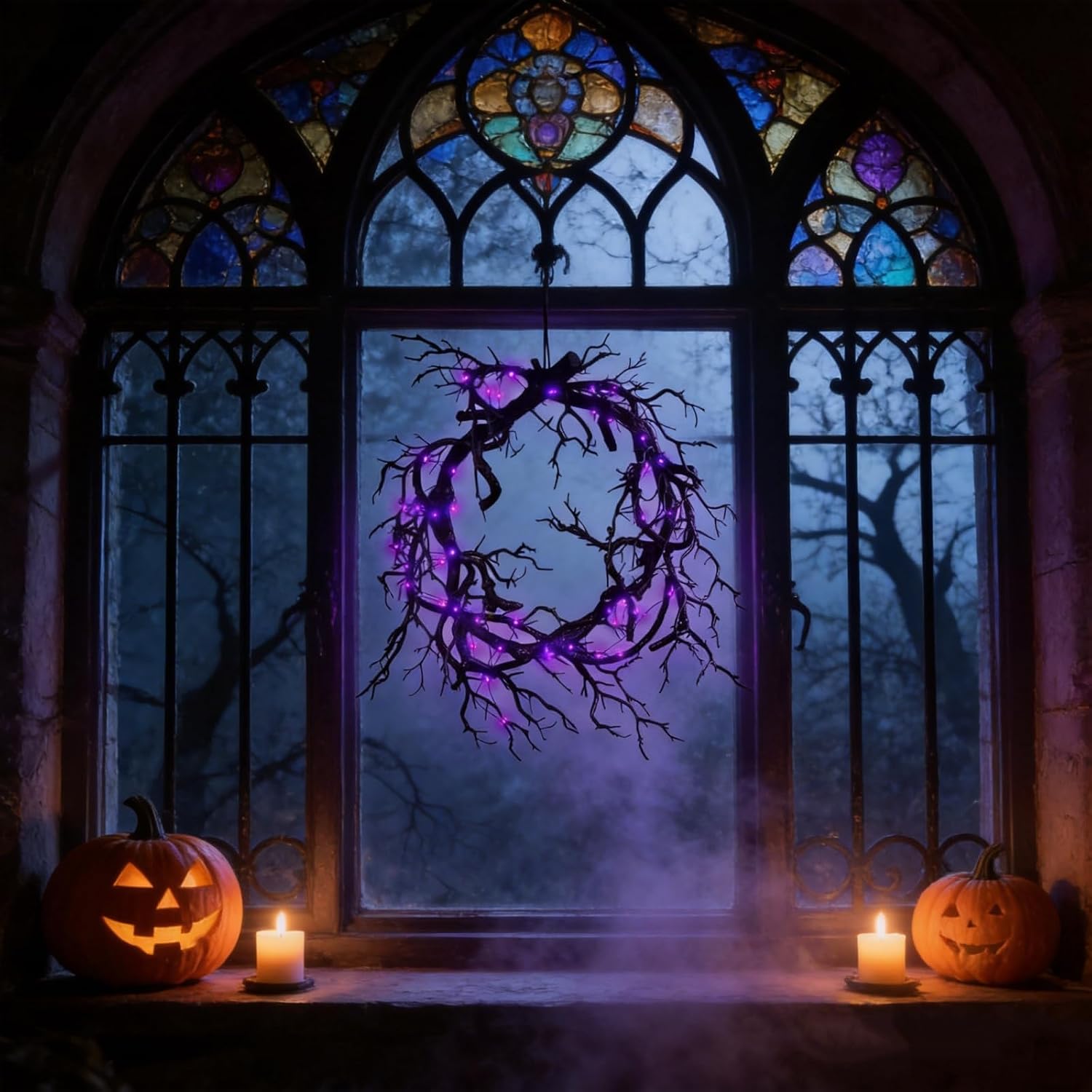 Halloween Wreath for Front Door, Halloween Lighted Black Branch Wreath
