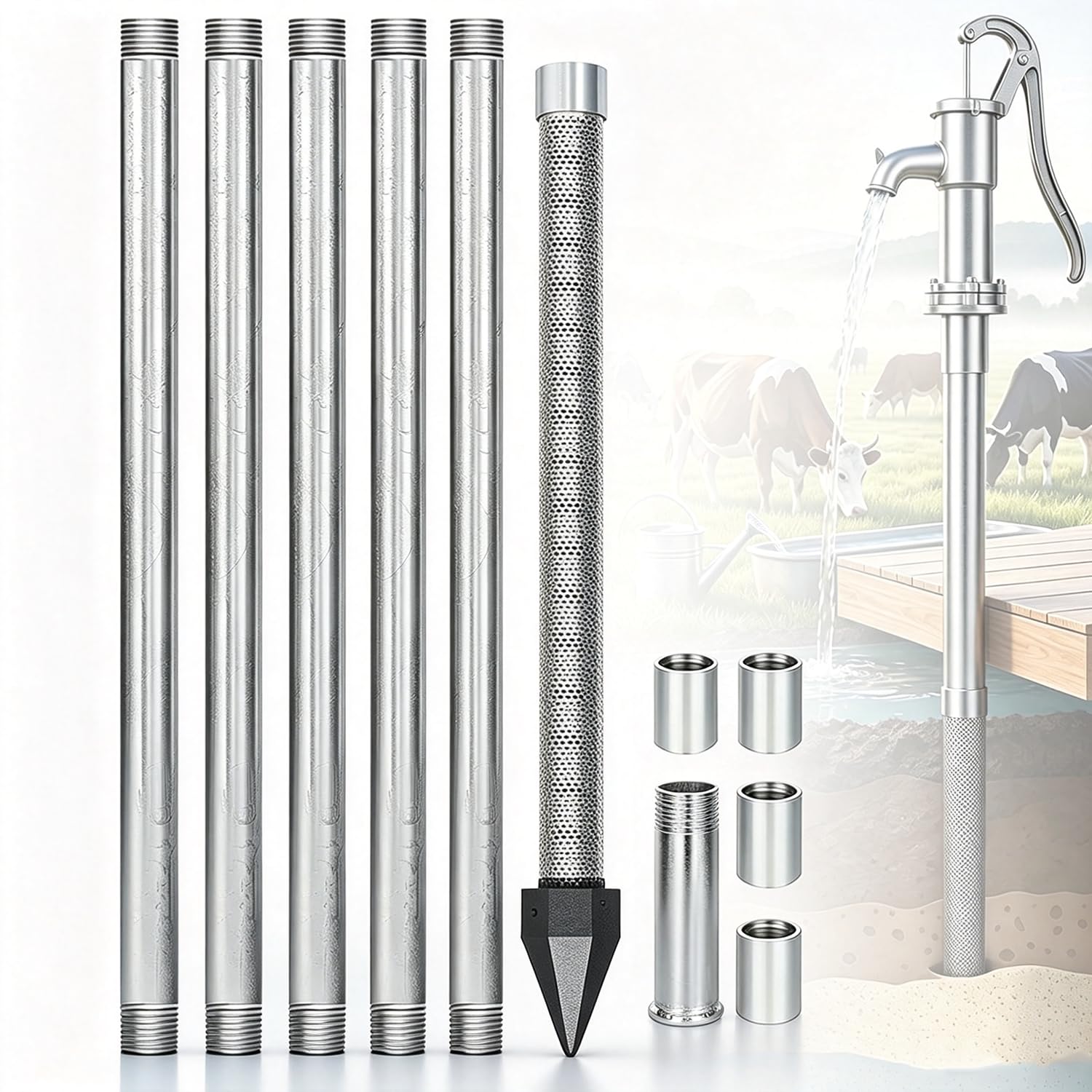 Zestaw do studni z igłą piaskową, zestaw do wiercenia studni wodnych 1-1/4" Rura studzienna z igłą 36" z sitem o oczkach 60" i igłą żeliwną do studni z igłą piaskową i studni w miękkim gruncie