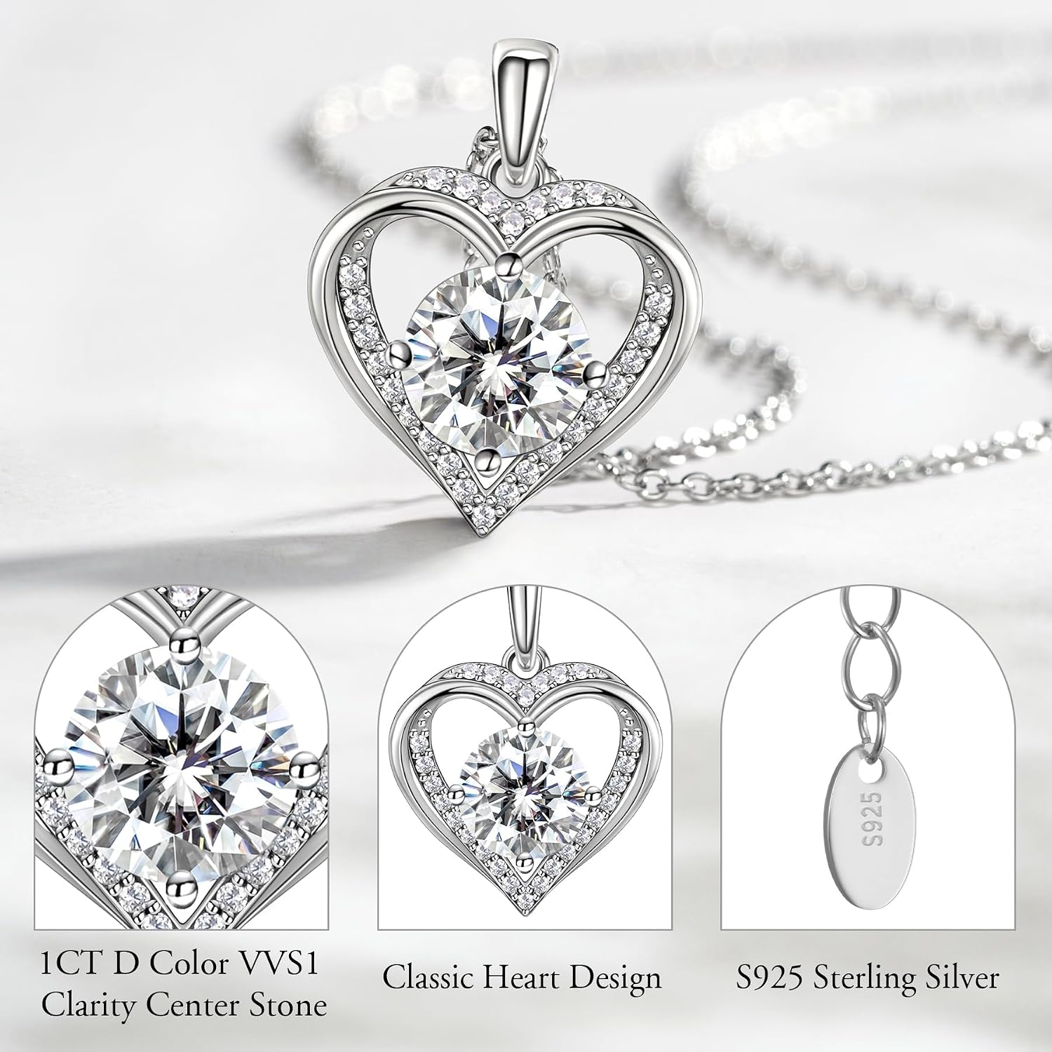 NORBU Moissanite Necklace for Women, 1 CT D Color VVS1 Clarity Round Cut, 925 Sterling Silver Heart Necklace with 18K White Gold Plated, Jewelry Gift for Wedding Anniversary Birthday Christmas Valentine's Day