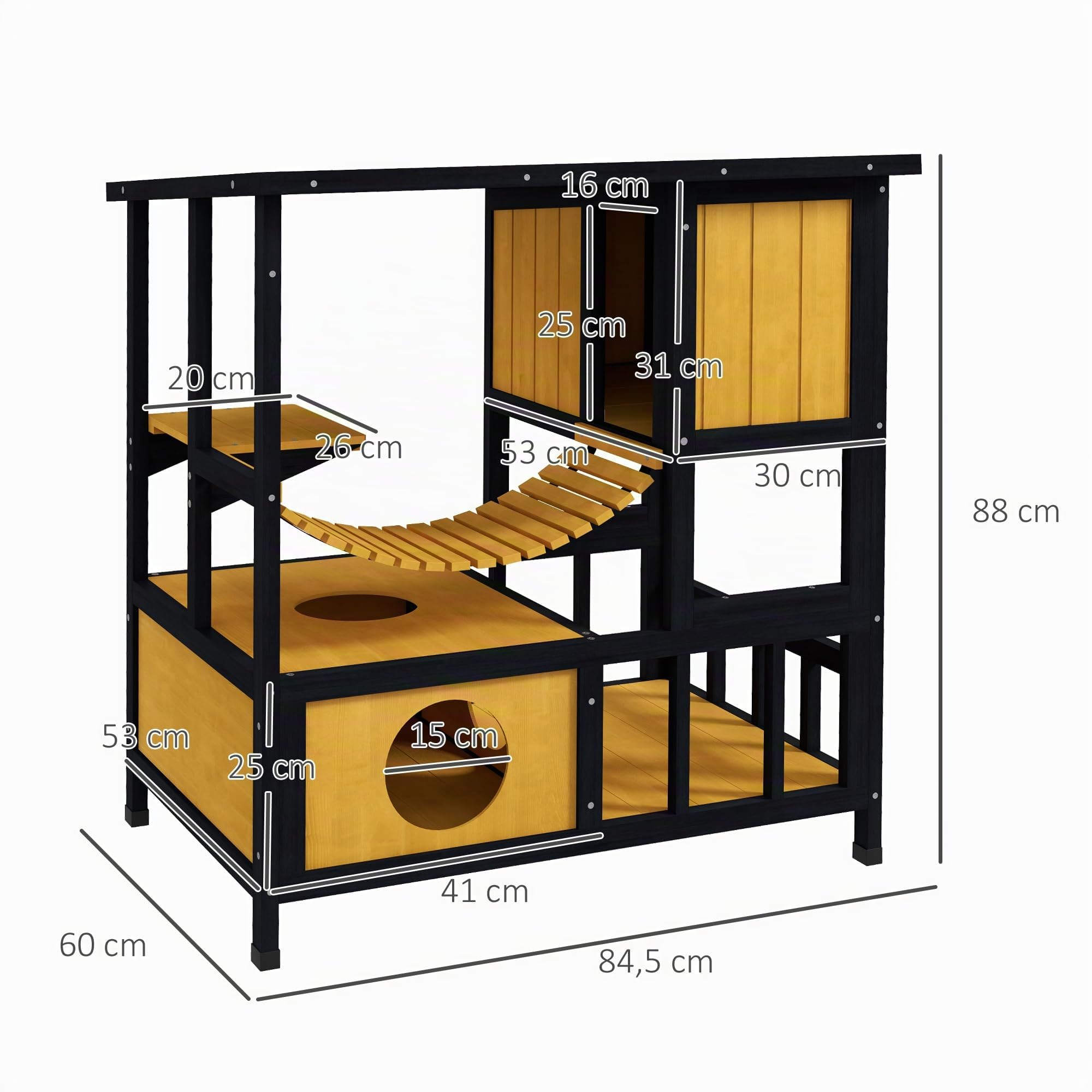 PawHut Casa in legno impermeabile per 1-2 gatti Giallo 84.5x60x88cm