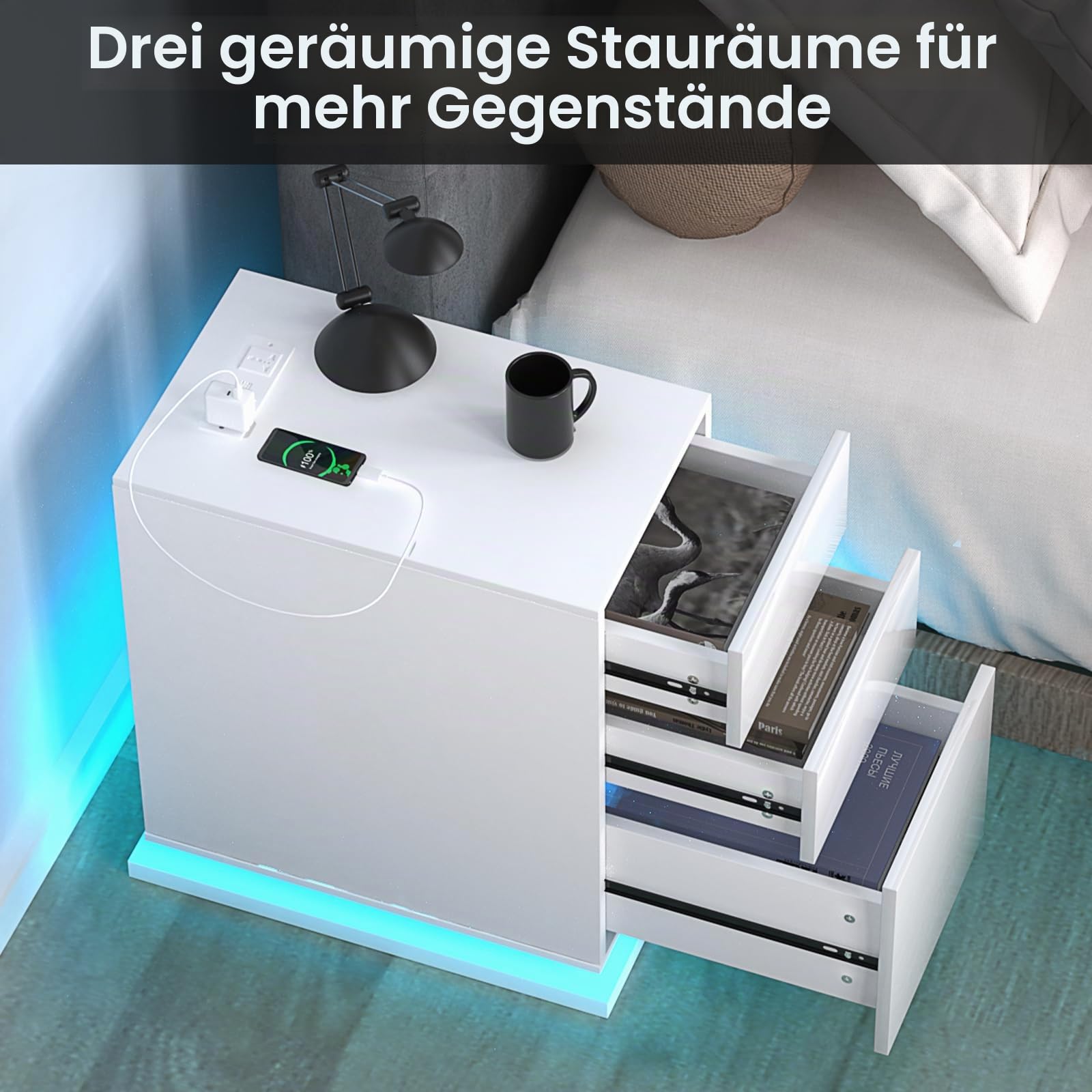 Nachttisch Schmal Weiß, Led Nachttischh für Schlafzimmer, Beistelltisch mit 3 Schubladen,16 Farben LED Nachttisch,Wohnzimmer, Schlafzimmer, Arbeitszimmer 50x30x63 cm