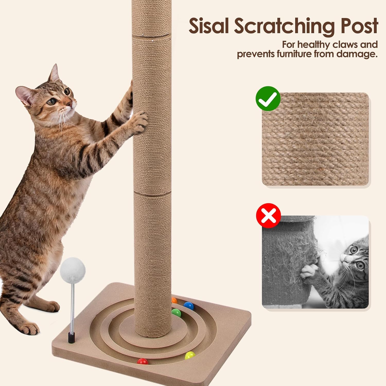 Cat Window Perch with Tall Sisal Scratching Posts, 45" Adjustable Cat Tree Hammock with 3 Strong Suction Cups, Cat Window Bed for Inside Sleeping, Playing and Birds Watching (Drilling-Free)