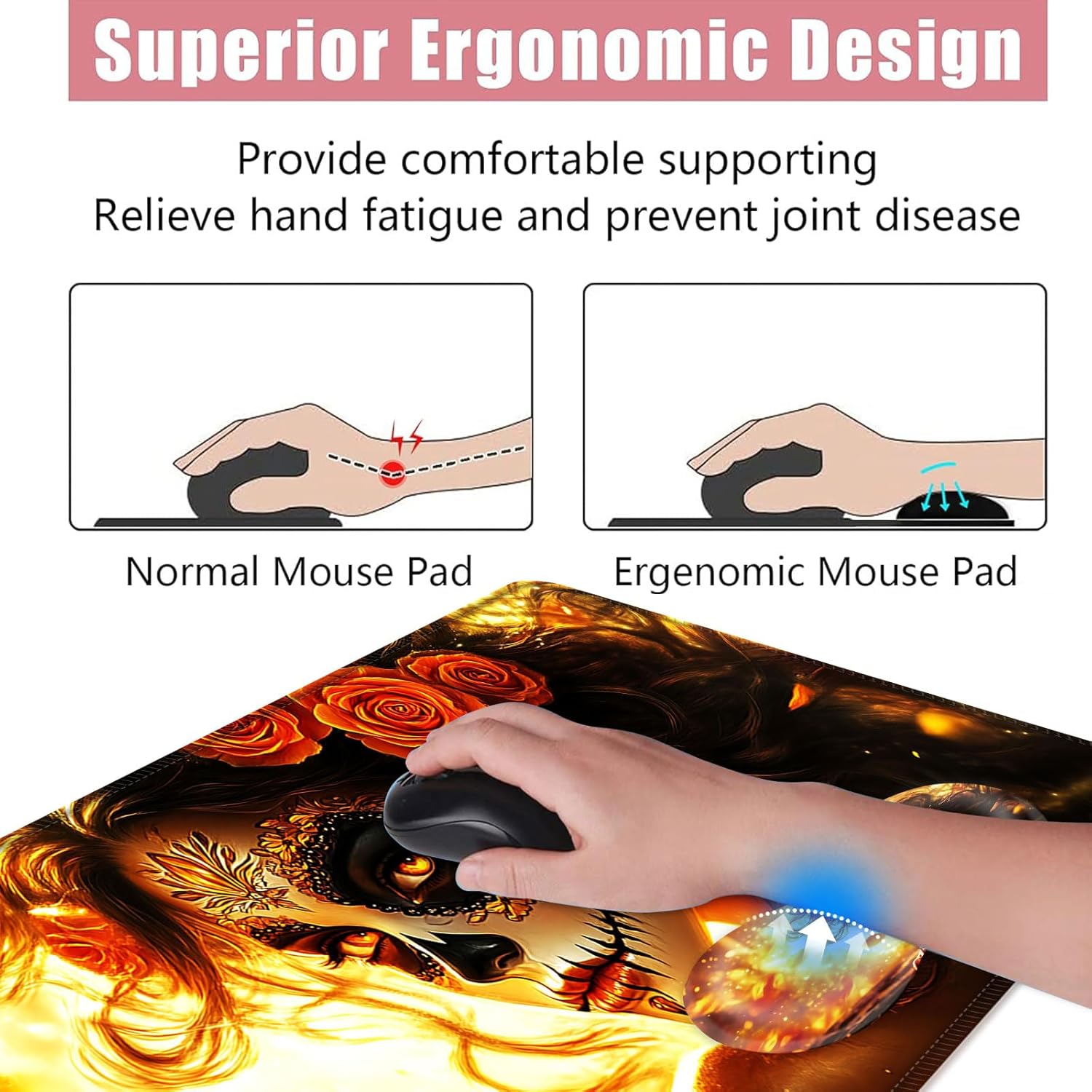 Large Keyboard Mouse Pad Set, Extended Mouse Pad+Keyboard Wrist Rest Support, Memory Foam Ergonomic Easy Typing, 4Pcs (31.5×11.8 in) Desk Pad Set for Office Home,Skull Woman with Rose