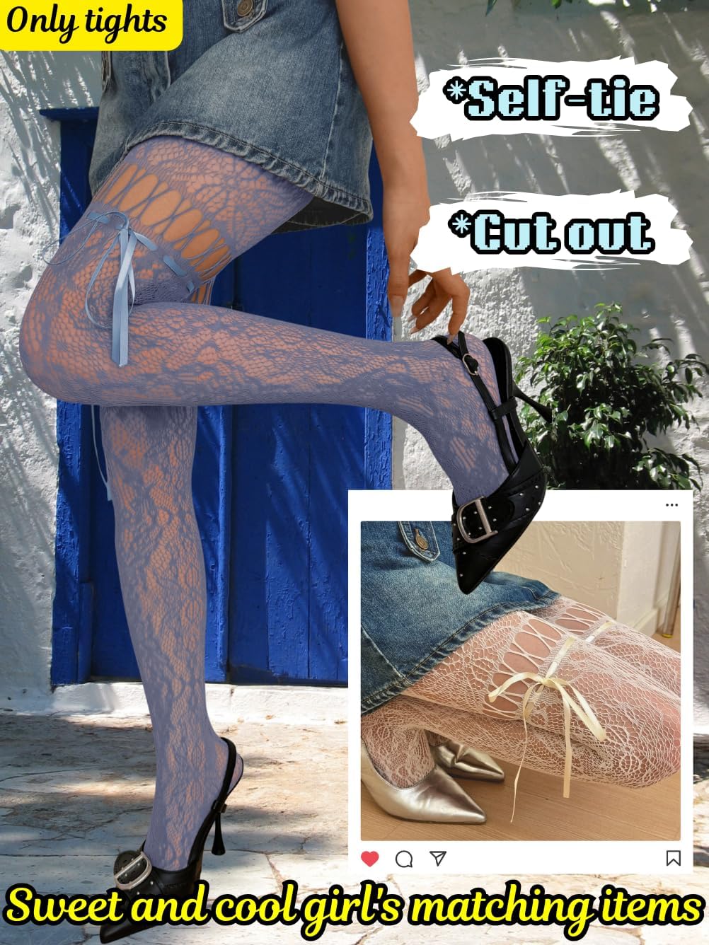 ShawGobow Lace Tights With Bows,Cute Floral Patterned Stockings For Women,Halloween Costume Sexy Goth Fishnets