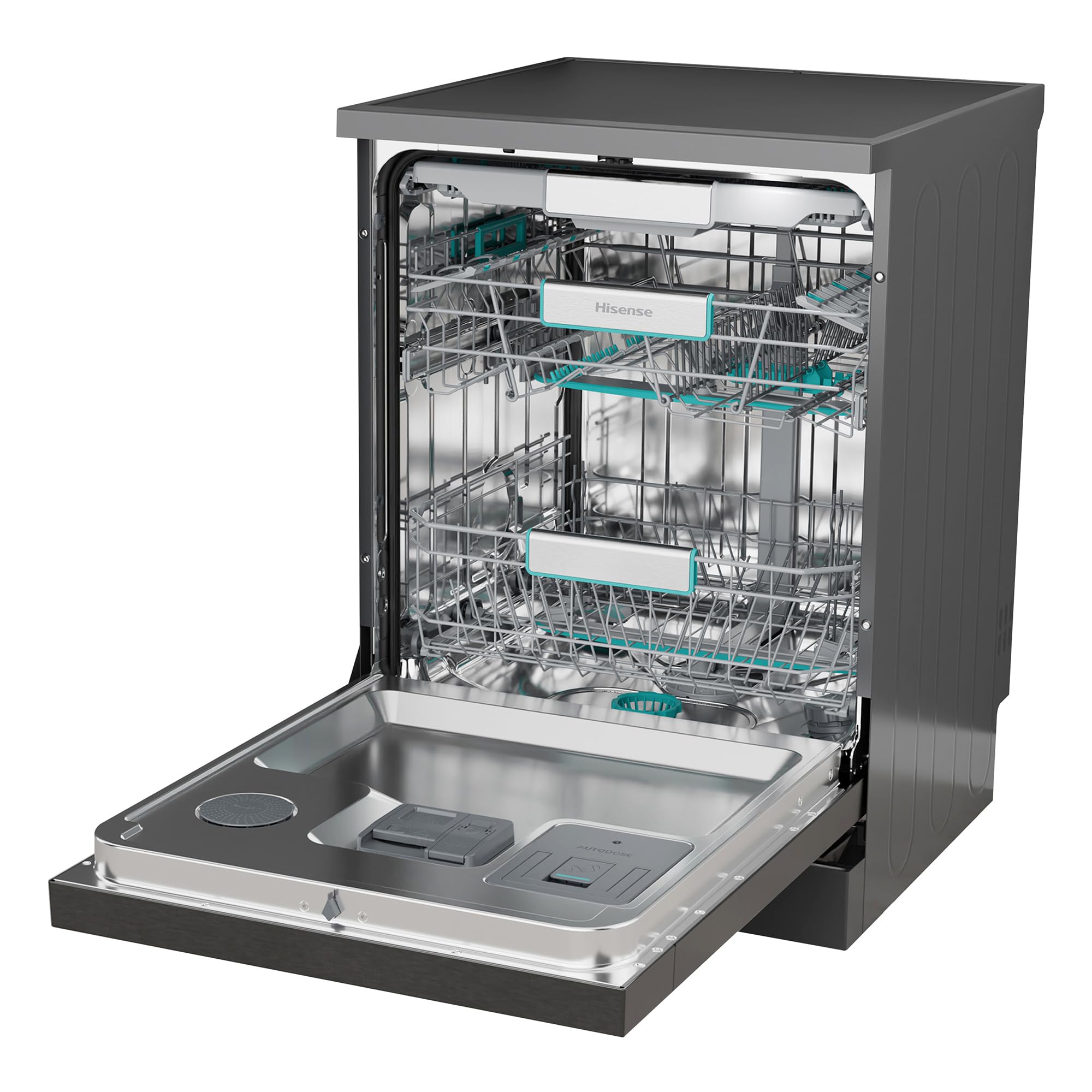 Hisense HS693A90ADBX - Lavavajillas Clase A, 16 Servicios, Fondo 60cm, Pantalla TFT Vision Plus 6.86", Super Wash IA, Programa ECO IA, Secado All Dry, Media Carga Auto, Tercera Bandeja, Inox