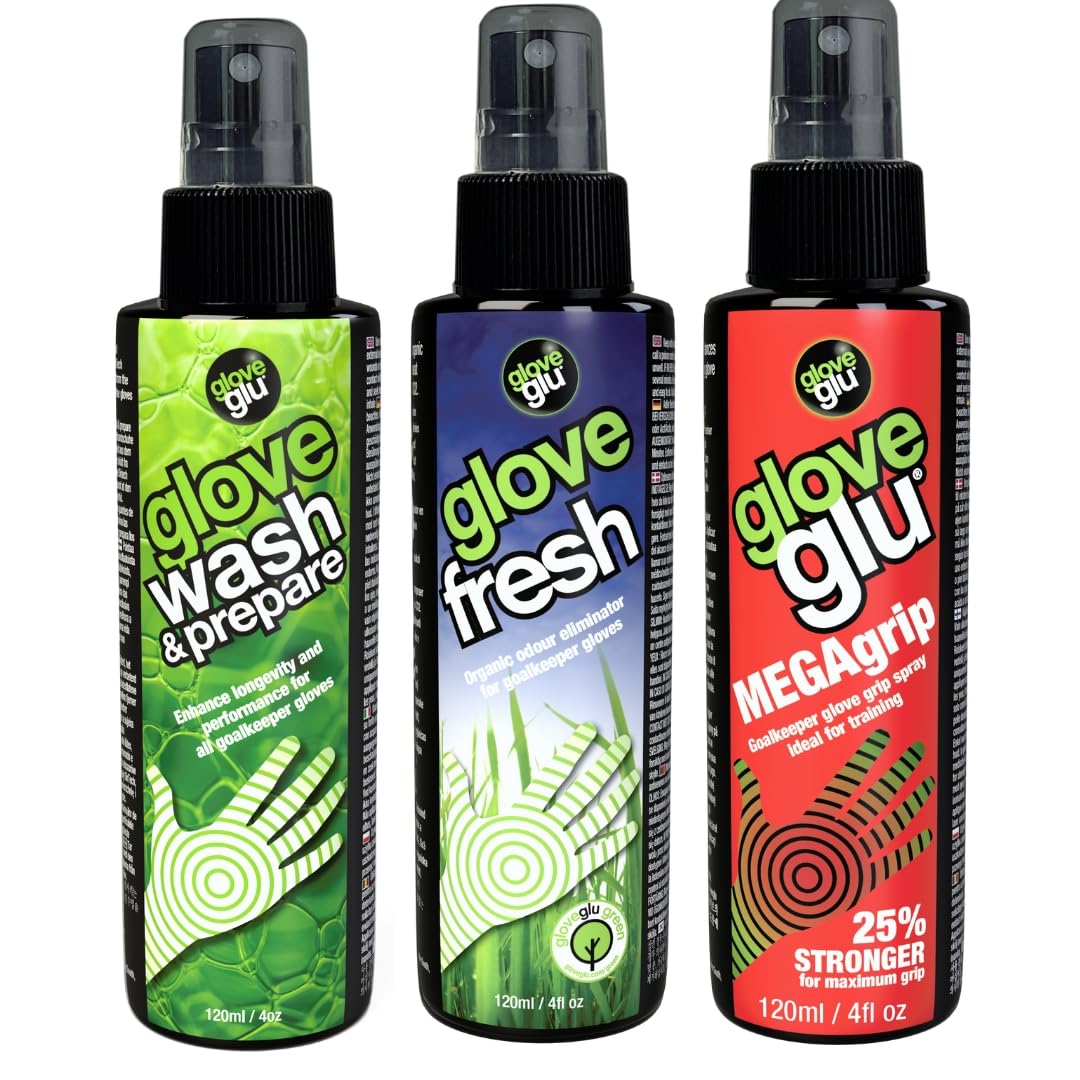gloveglu MEGAgrip Système d'entretien des gants, Ensemble de gardien de but en 3 étapes, Gloveglu MEGAgrip, Lavage et préparation des gants, Glove Fresh, 3 x 120 ml de sprays pour gants