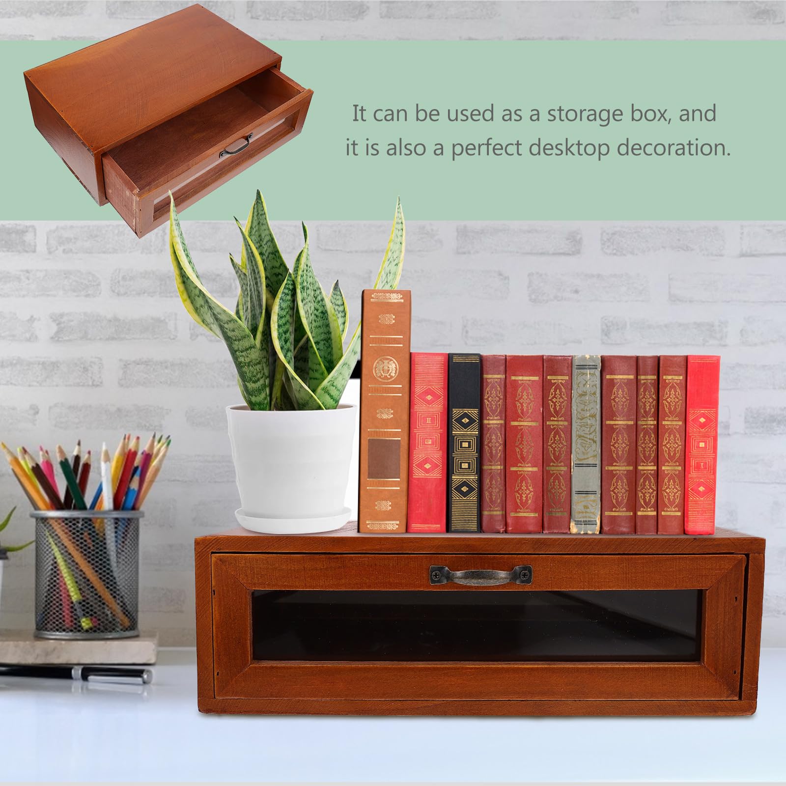 Organizer da Scrivania in Legno e Vetro Marrone Retrò Cassetto Portaoggetti e Supporto per Monitor per Ufficio e Decorazione Desktop