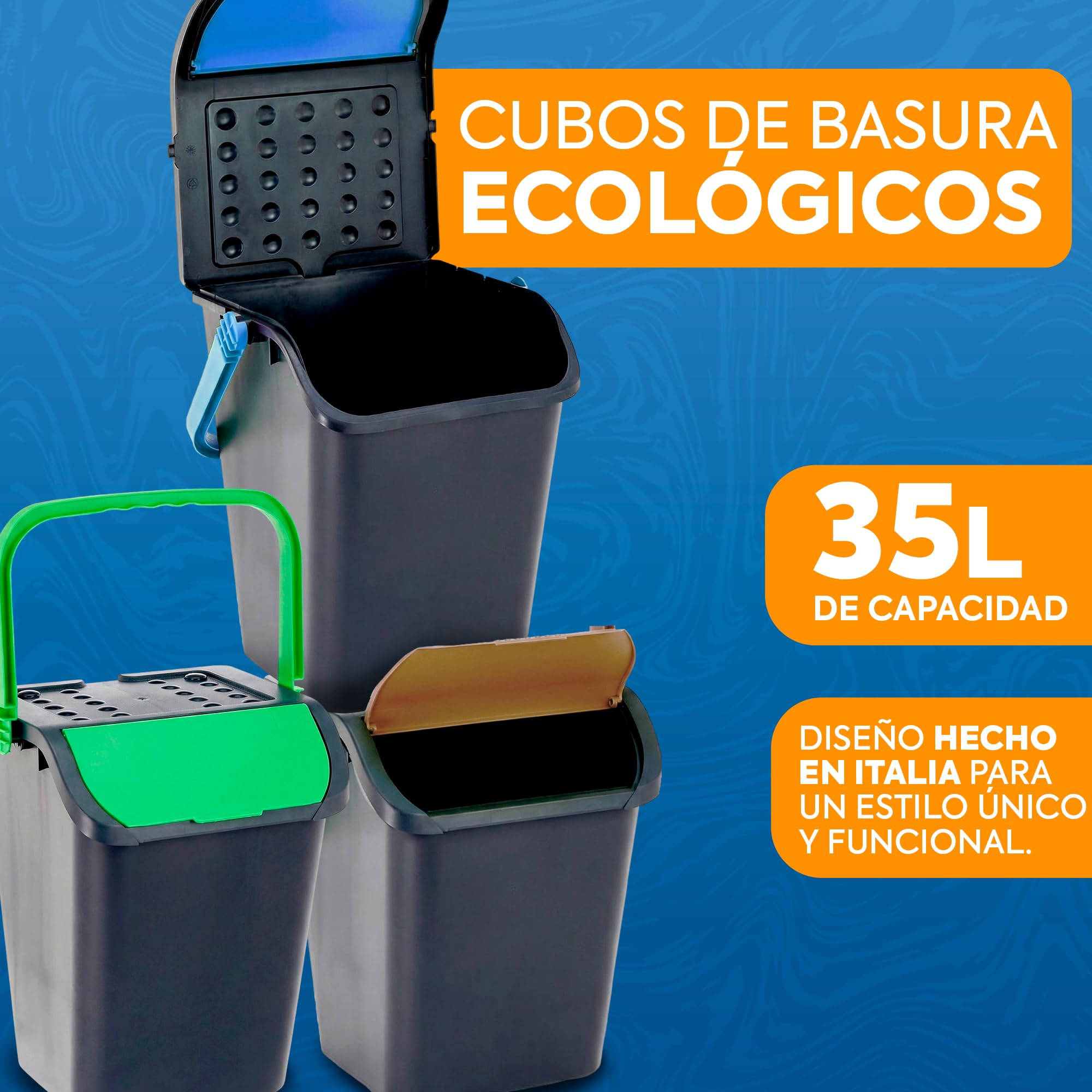 Pack 3 Cubos Basura 35 Litros Multicolor | Tapa Apilable Cocina