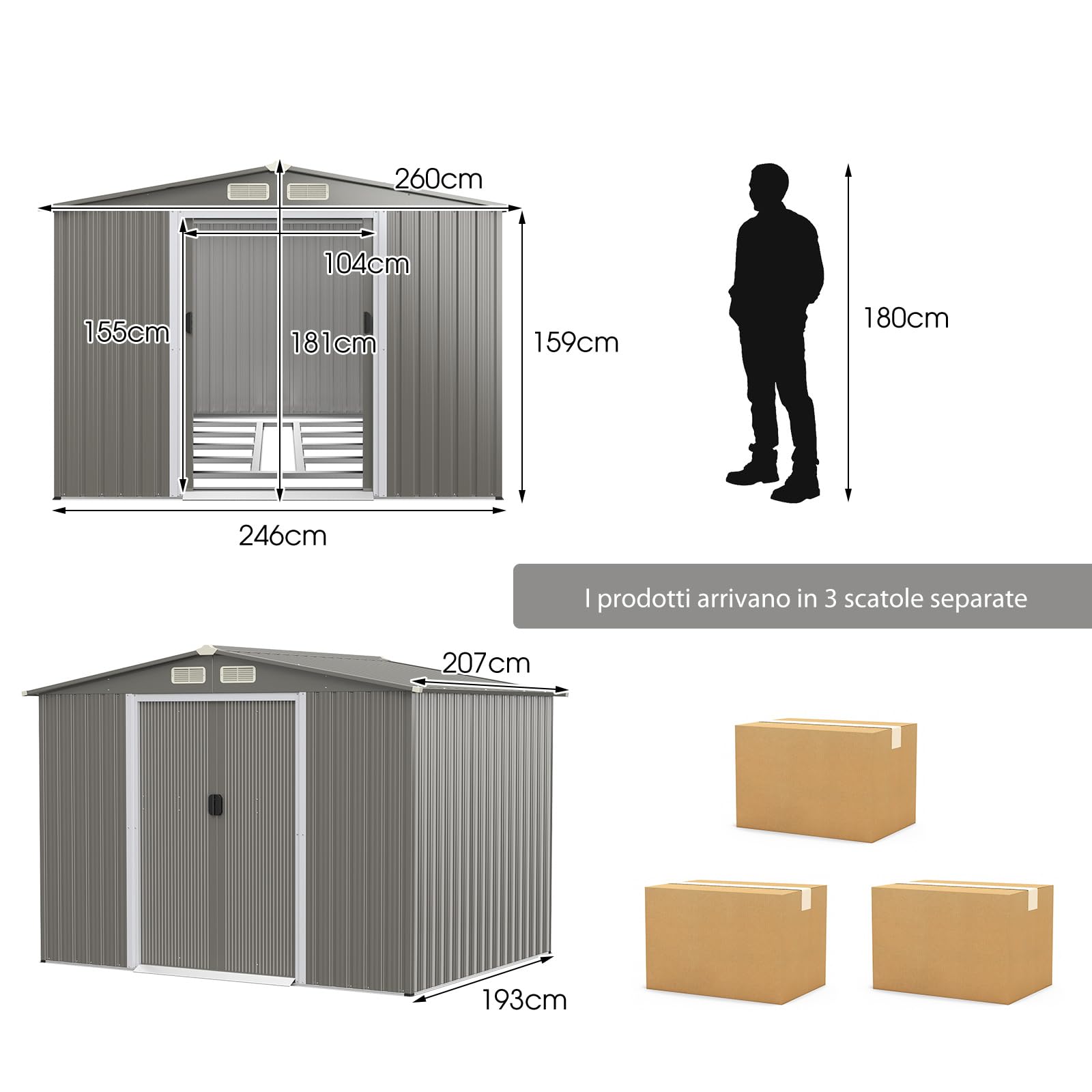 COSTWAY Casetta da Giardino 4,74㎡, Capanno da Esterno in Lamiera Acciaio Zincato Resistente alle Intemperie con 4 Feritoie, Doppie Porte e Rampa, 260 x 207 x 181 cm (Grigio chiaro)