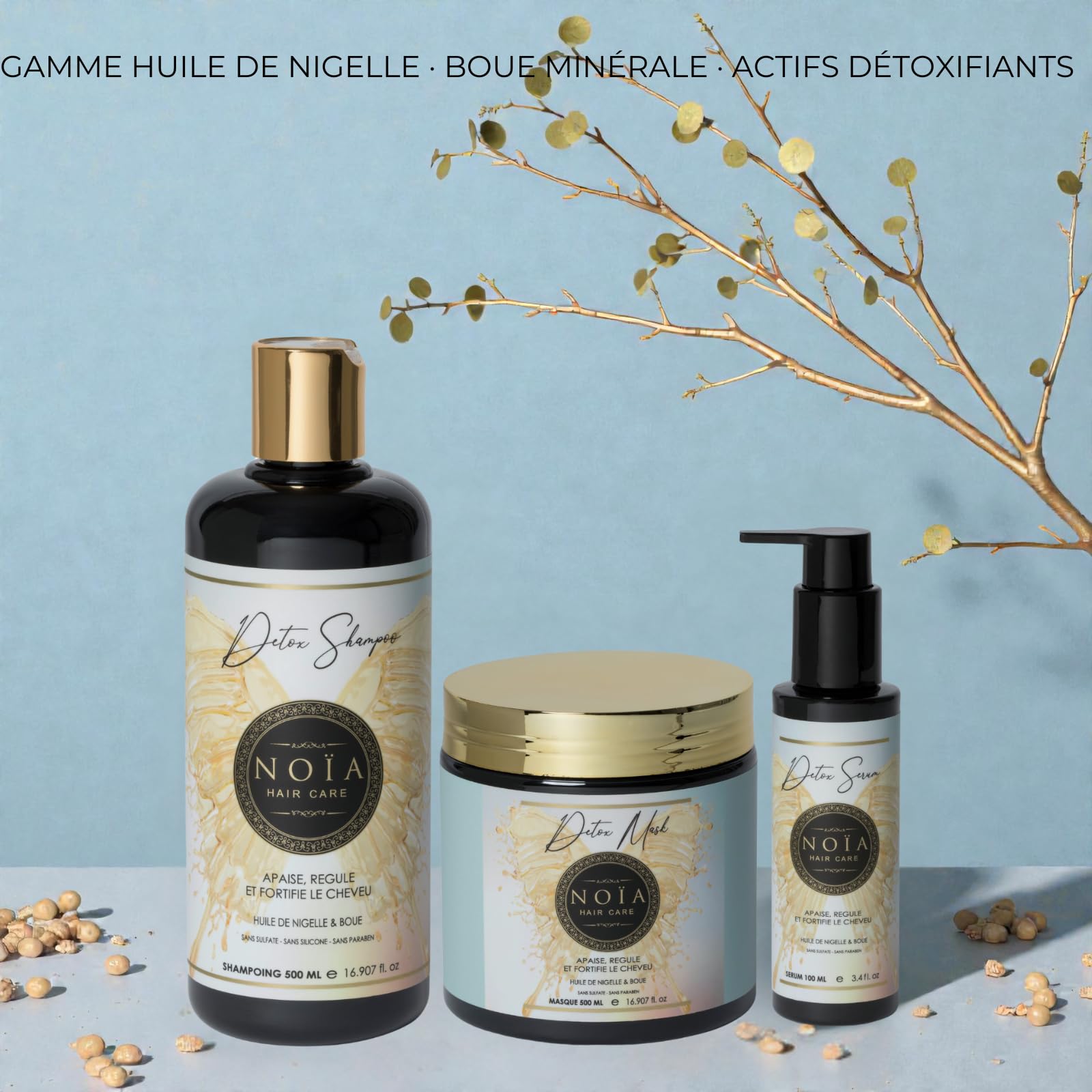 NOÏA HAIR – Coffret Trio Professionnel DETOX – Shampoing 500ml + Masque 500ml + Sérum 100ml – Purifiant & Anti-Pelliculaire – Rééquilibrant Cuir Chevelu – Cheveux Gras ou à Pellicules