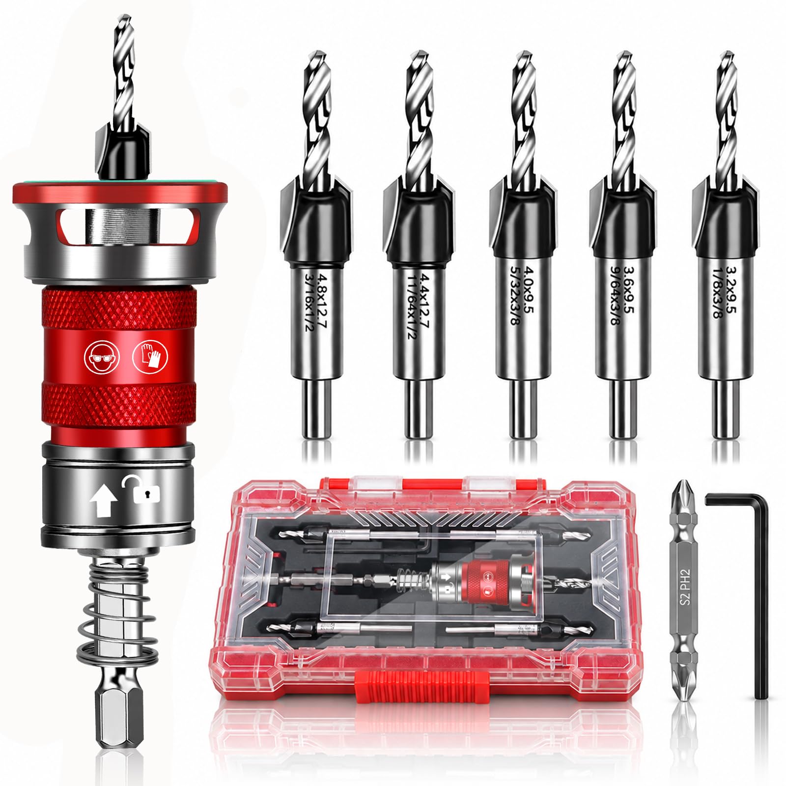 Countersink Drill Bit Set - 9 Piece with Depth Stop -9 Countersink Drill Bit Set - 9 Piece with Depth Stop -9