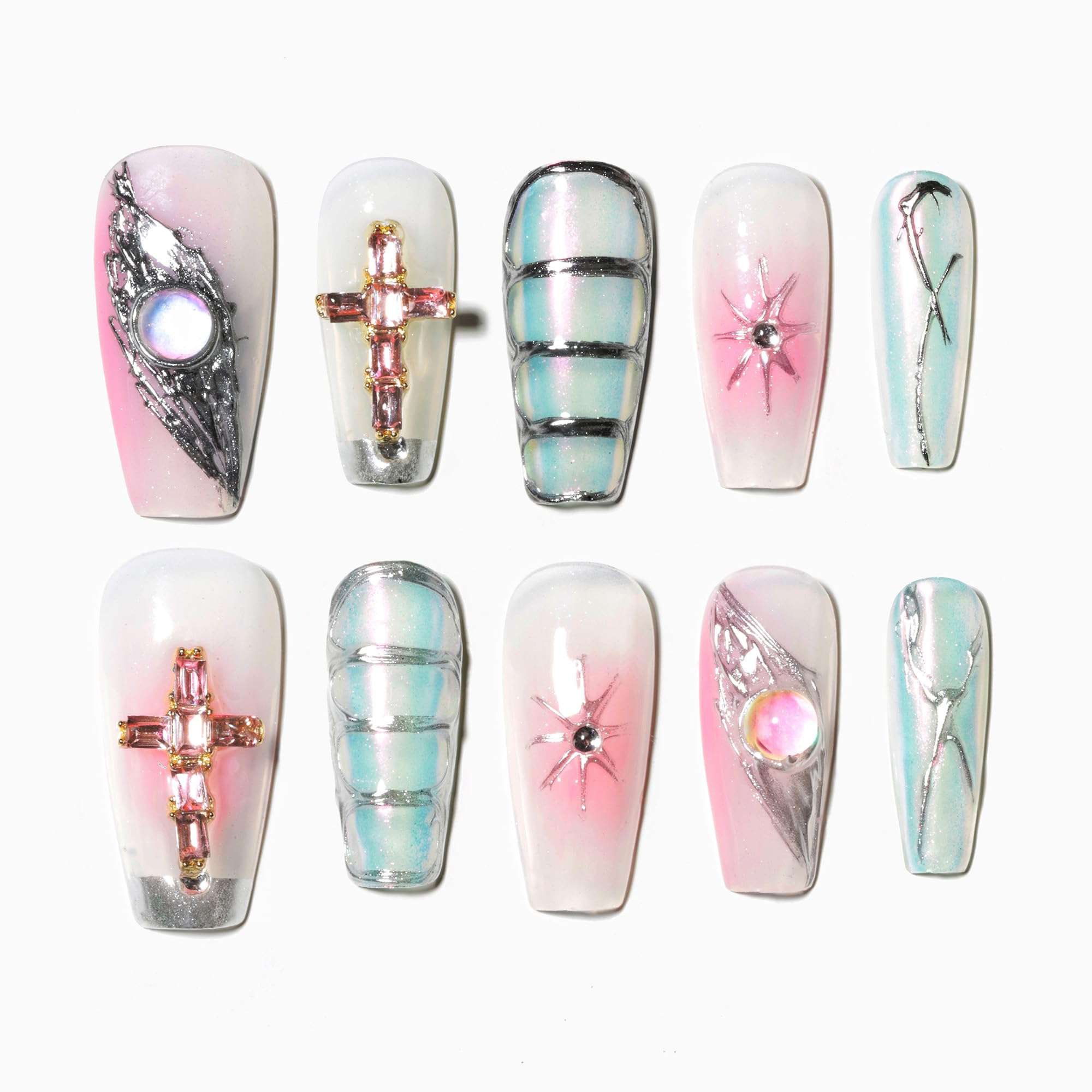 Sun&Beam Nails Handmade Press-on Long Coffin Ballerina Red White Black Silver Glam Halloween Ombre Design Fashion False Nail Tips 10 Pcs Set (#189 M) — view 94