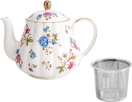 Floral Small Teapot With Infuser,24oz Ceramic Tea Pot for Blooming Loose Leaf Tea, Coffee,Milk Multicolor Floral