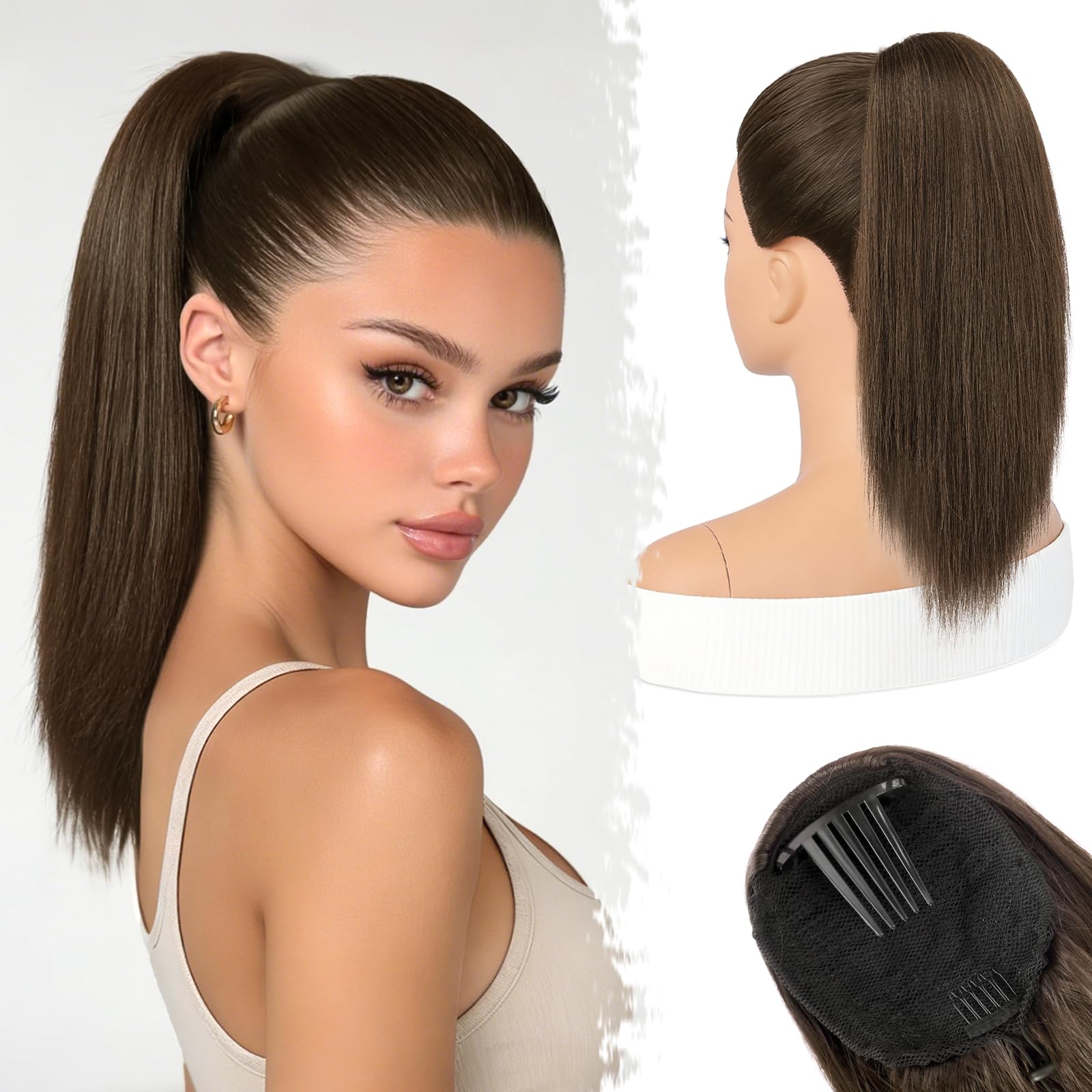 BARSDAR Liso Coleta Postiza Extensiones Pelo, 40cm Corta Liso Marrón Oscuro Cola de Caballo Extension con Cordón Natural Sintética Cheer Posh Ponytail Extensiones Postizos Fiestas Cheer Competition — view 7