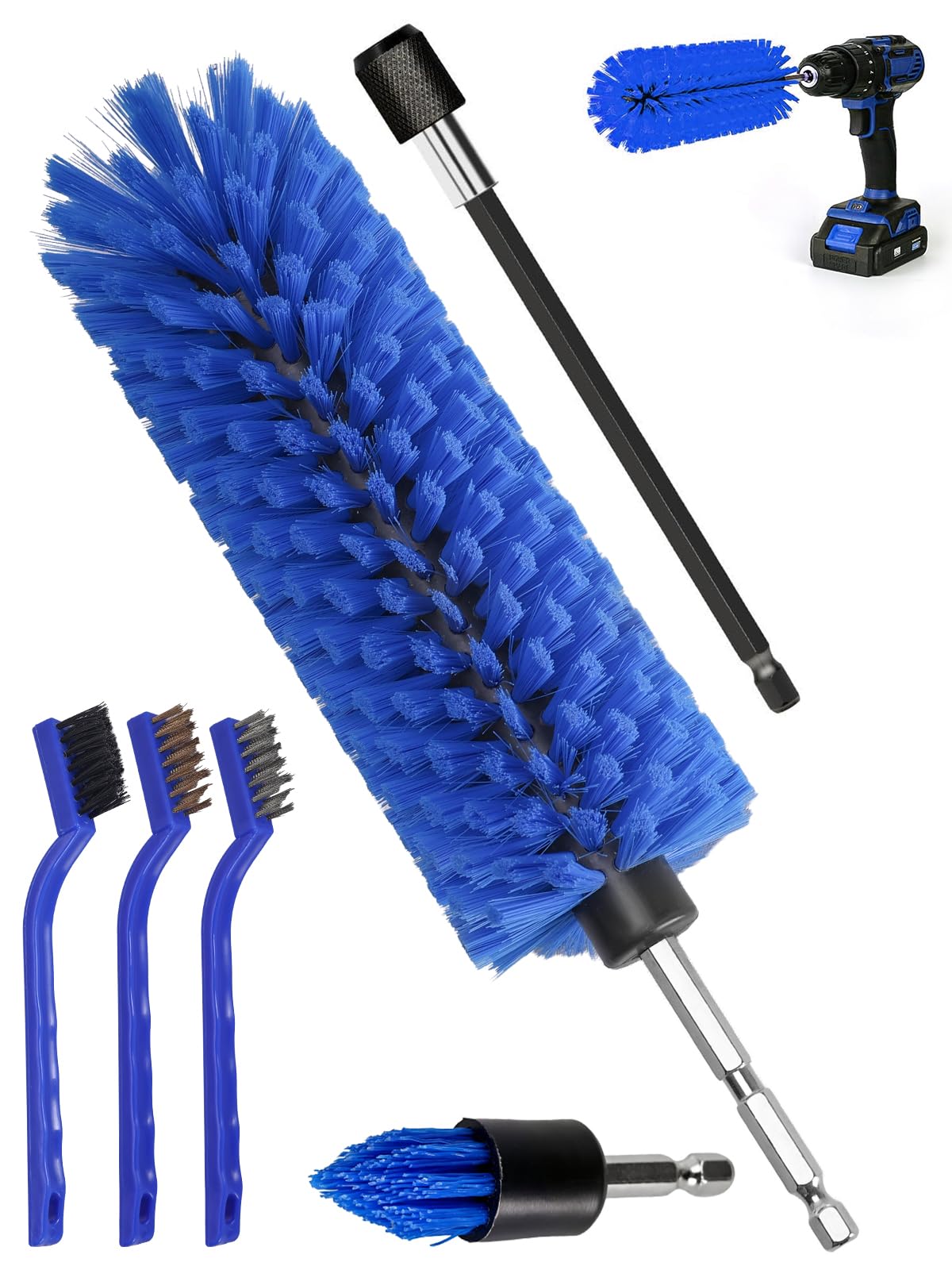 6 Stück Felgenbürste Akkuschrauber Set mit Verlängerung, Drill Brush und 3 Kleinen Bürsten, Felgen Bürste Pflege für Auto, Motorräder, Fahrräder Aluminium- und Stahlfelgen