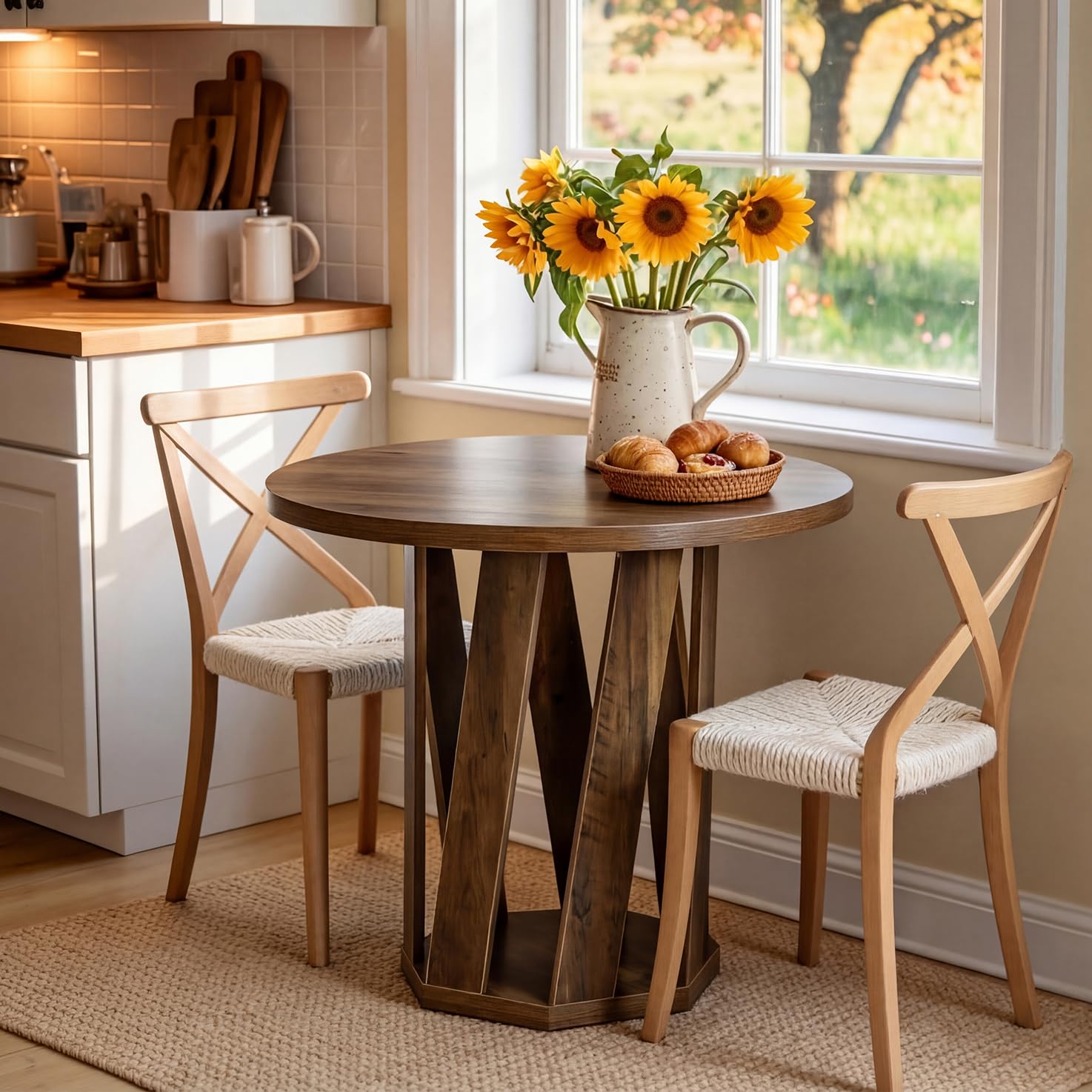 Tribesigns Table à Manger Ronde 80 cm, Style Maison de Campagne, pour 2 à 4 Personnes – Table Bois pour Salle à Manger, Petites Pièces, Salon – Marron