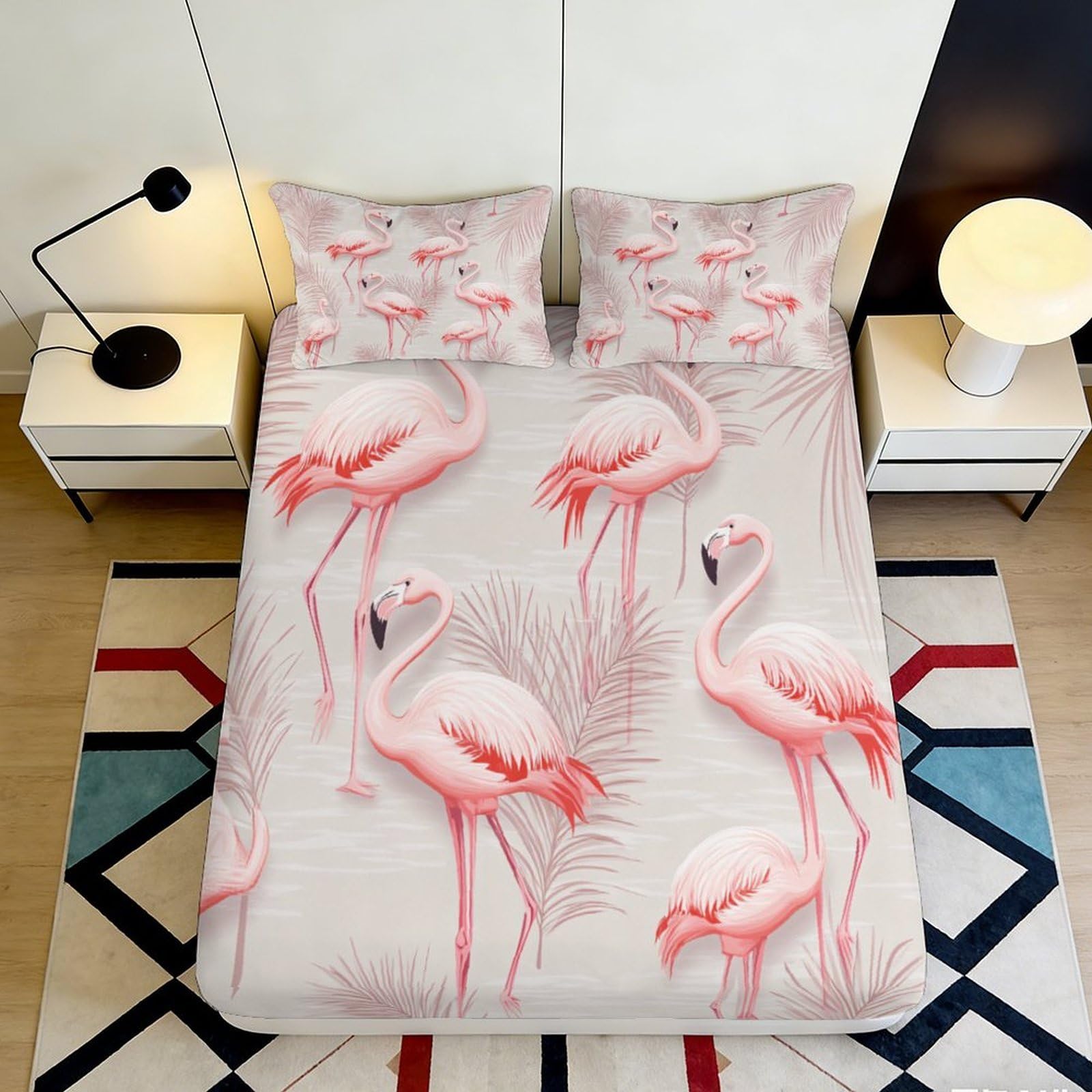 3D Printed Pink Flamingo Fitted Sheet Microfiber Soft Breathable Tropical Palm Mattress Cover for Bedroom Decor 200x200x25cm