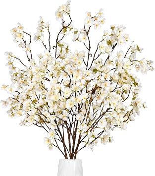 Waipfaru 4 Pcs Cherry Blossom Branches, 40 Faux Cherry Blossom Tree Stems Decor, Long Stem Artificial Flowers for Tall Vase, Fake Flowers for Spring Home Indoor Outdoor Decoration White
