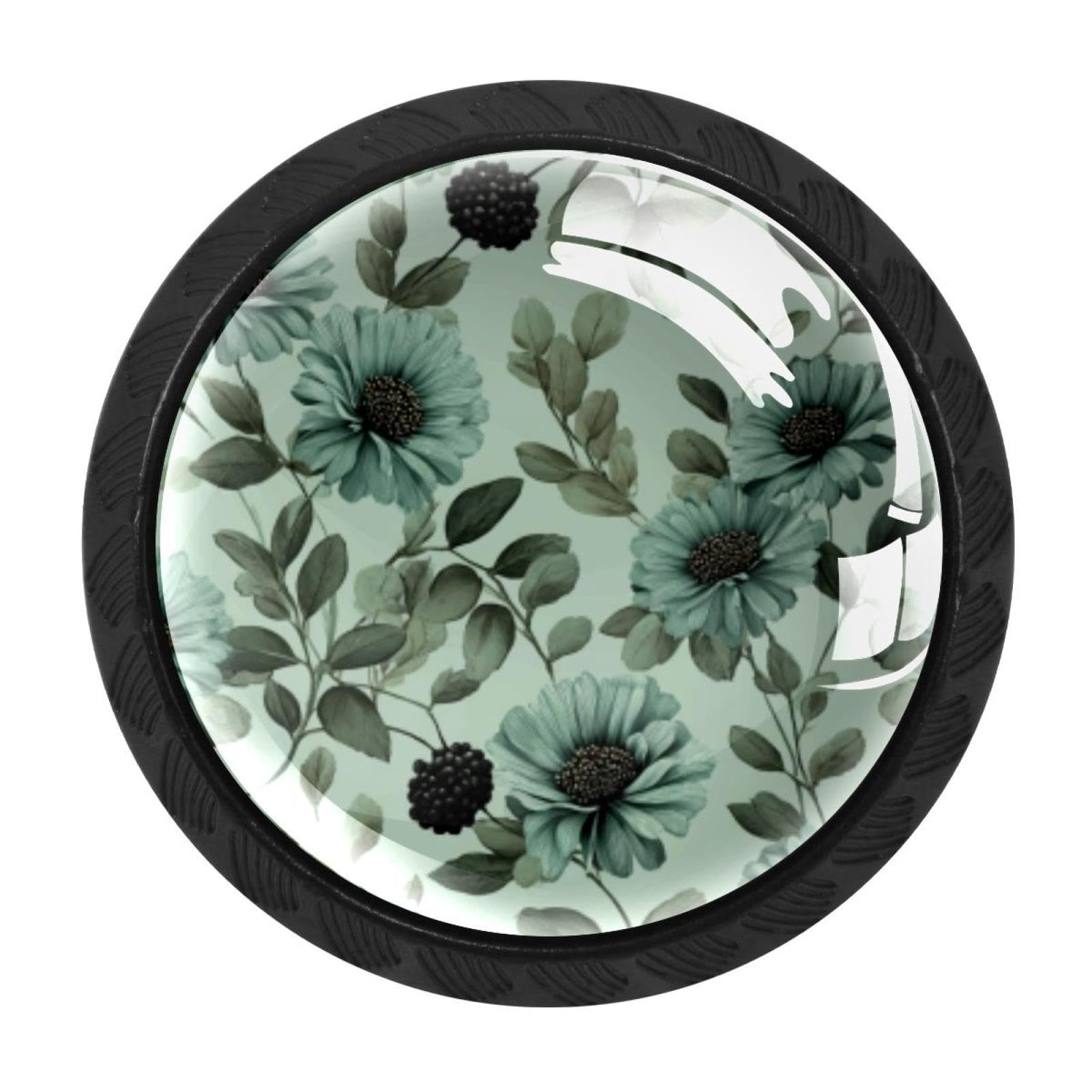 CHENZZZZ 4PCS Sage Green Flowers with Leaves Pattern (1) Dresser Knob Round Glass Drawer Knobs Pulls Cabinet Handle for Home Kitchen Office Bathroom Wardrobe Cupboard