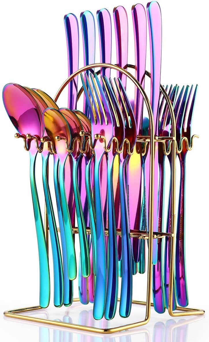 24-Piece Colorful Silverware Set Cutlery Set for 6 with Holder, Stainless Steel Flatware Set,Home Kitchen Restaurant Utensils, Mirror Polished,Dishwasher Safe (Rainbow) (RAIN Bow)