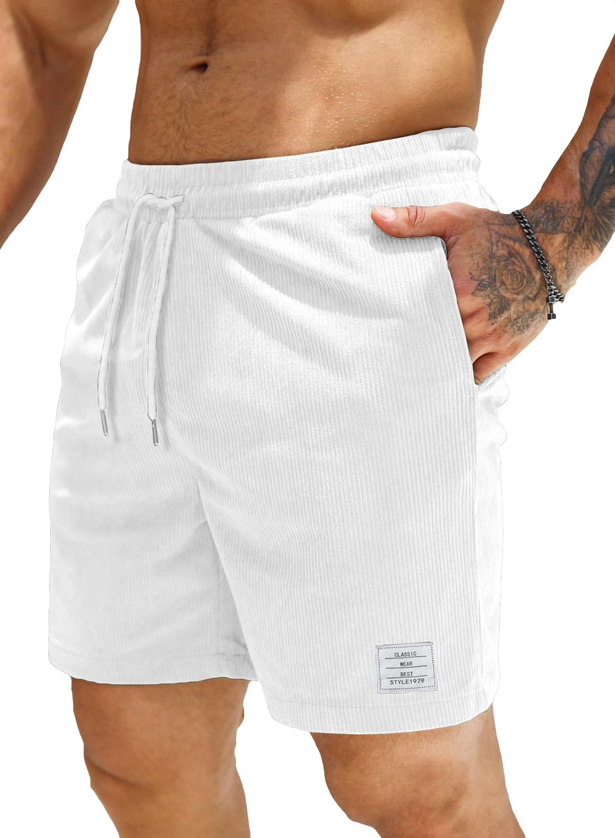 JMIERR Corduroy Shorts Herren Sommer Freizeit Leinen Stretch Baumwolle Elastische Taille mit Taschen