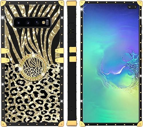 Miniatura 3 de Easyscen Funda cuadrada para Samsung Galaxy S10 Plus para mujer con diseño de mariposa dorada y verde, funda de lujo con soporte de anillo a prueba