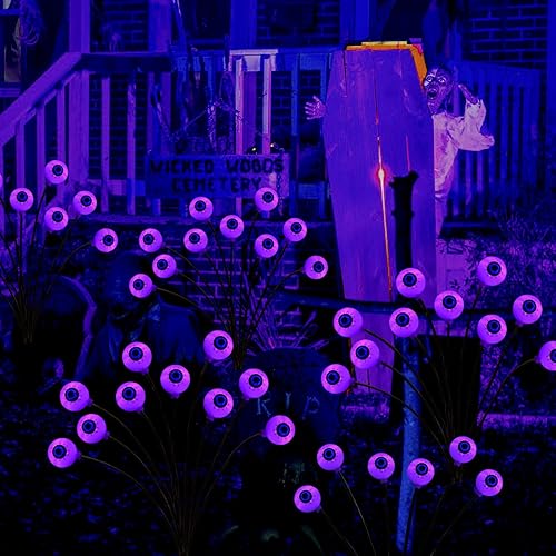 Miniatura 6 de Luces solares de Halloween para exteriores, 2 paquetes de 20 luces LED oscilantes de Halloween, 2 modos, impermeables, luces de estaca de Halloween