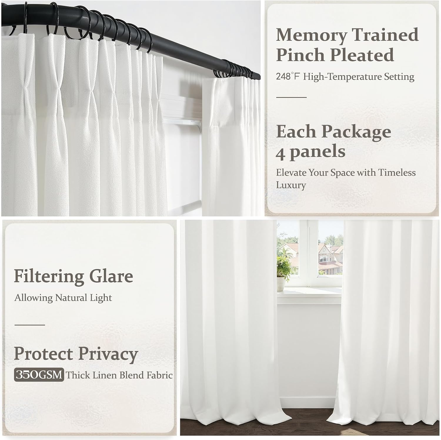Pinch Pleated Pure White Thick Linen Curtains 96 Inches Long for Living Room 4 Panels Set, Memory Shape Sheer Light Filtering Country Drapes 96 Inch Sliding Door Window Curtain with Hooks & Rings