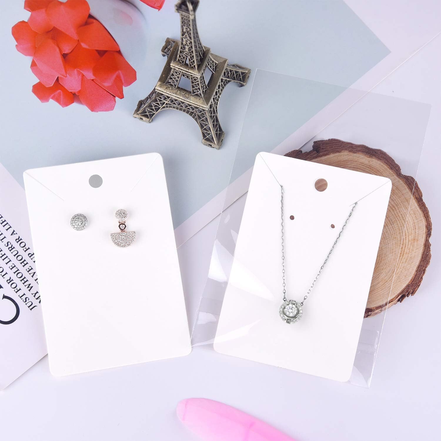 MIAHART 150 Set Earring Holder Cards Necklace Display Cards with 150pcs Bags for Selling DIY Ear Studs, Earrings and Jewelry Display (White)
