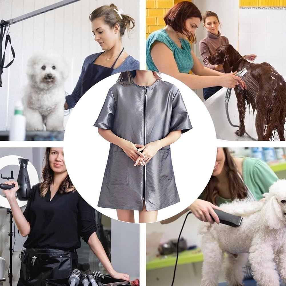 Fjlitx Waterproof Pet Grooming Workwear, Short Sleeves Dog Grooming Smock, Hairdresser Uniform for Barber Salon Pet Shop