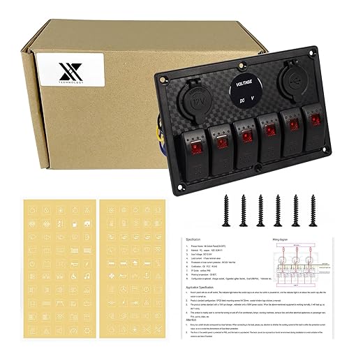 Vista 84 de Panel de interruptor de palanca impermeable de 6 cuadrillas 12V/24V Panel de interruptor basculante de aluminio con cargador USB doble, voltímetro
