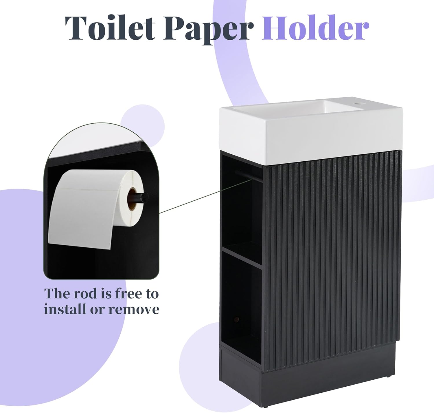 Close-up of the toilet paper holder integrated into the vanity's side shelf