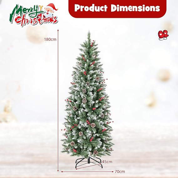COSTWAY 6FT Pre-Lit Artificial Christmas Tree, Slim Pencil Xmas Tree with 618 Snowy Branch Tips, 280 Warm-White LED Lights and Metal Stand, Indoor Festive Holiday Party Decor