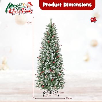 COSTWAY 6FT Pre-Lit Artificial Christmas Tree, Slim Pencil Xmas Tree with 618 Snowy Branch Tips, 280 Warm-White LED Lights and Metal Stand, Indoor Festive Holiday Party Decor