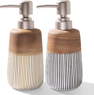 2 Pcs Ceramic Soap Dispenser Set, 16 Oz Refillable Liquid Soap Dispensers with Embossed Texture for Bathroom Countertop and Kitchen Sink, Hand Soap, Dish Soap & Lotion Bottles, Modern Home Decor
