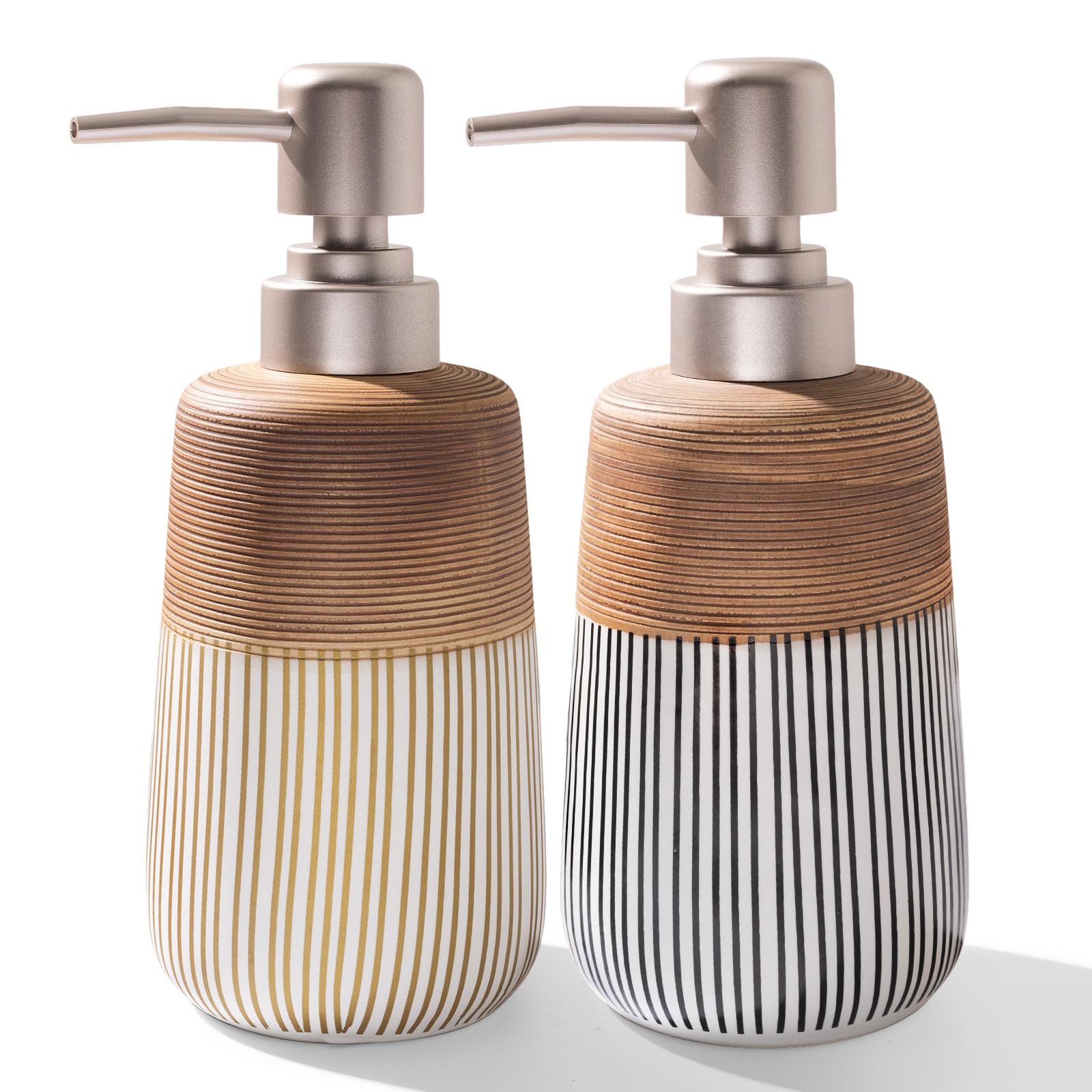 2 Pcs Ceramic Soap Dispenser Set, 16 Oz Refillable Liquid Soap Dispensers with Embossed Texture for Bathroom Countertop and Kitchen Sink, Hand Soap, Dish Soap &amp; Lotion Bottles, Modern Home Decor
