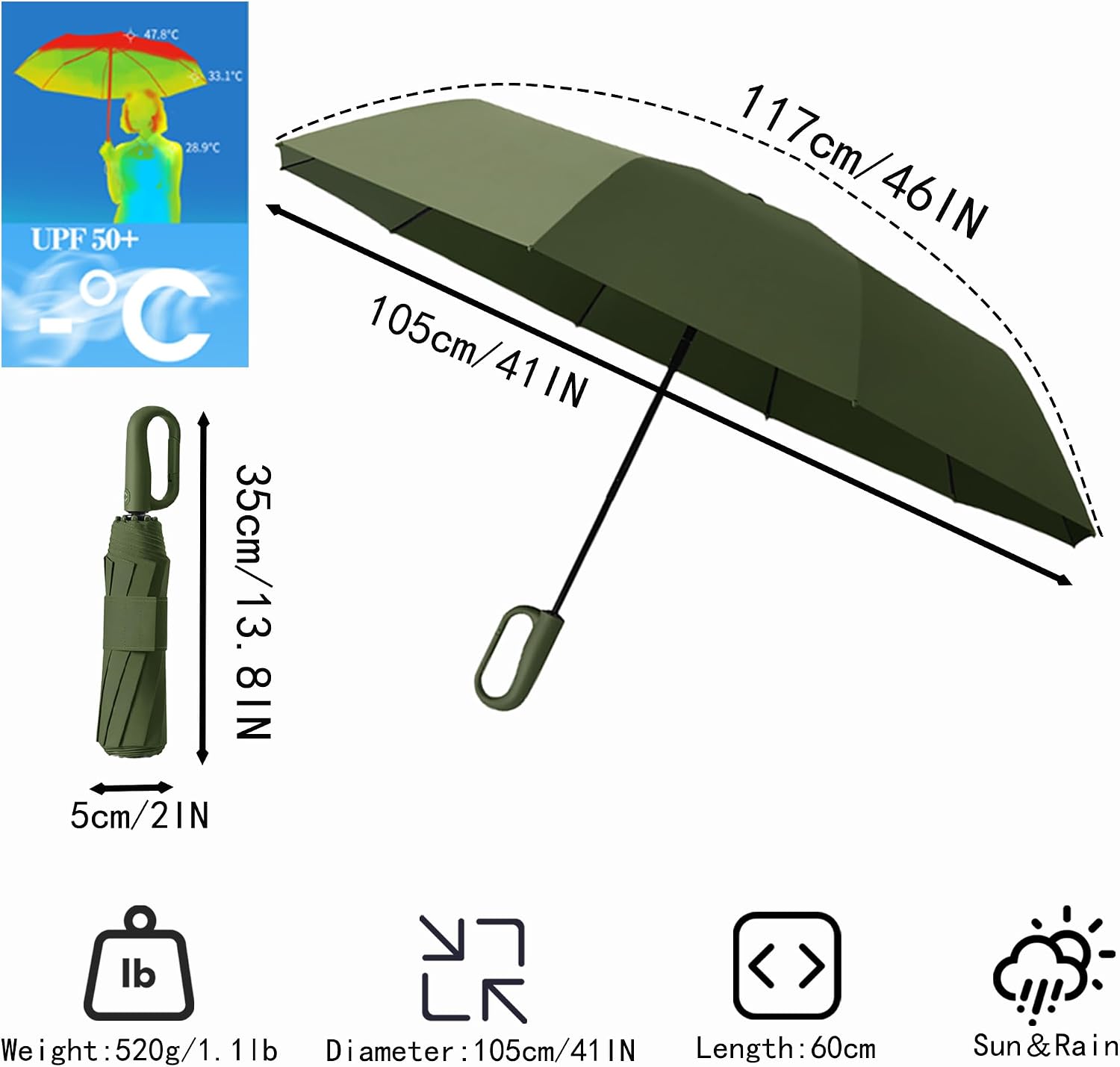 Travel Automatic Folding Umbrella with Carabiner Handle&5CM/2IN Widened Hook and Loop Strip for Men Women,Portable Compact Parasol,Open Close,10Ribs,Strong,UV Protection,Sun Rain,Backpack Car