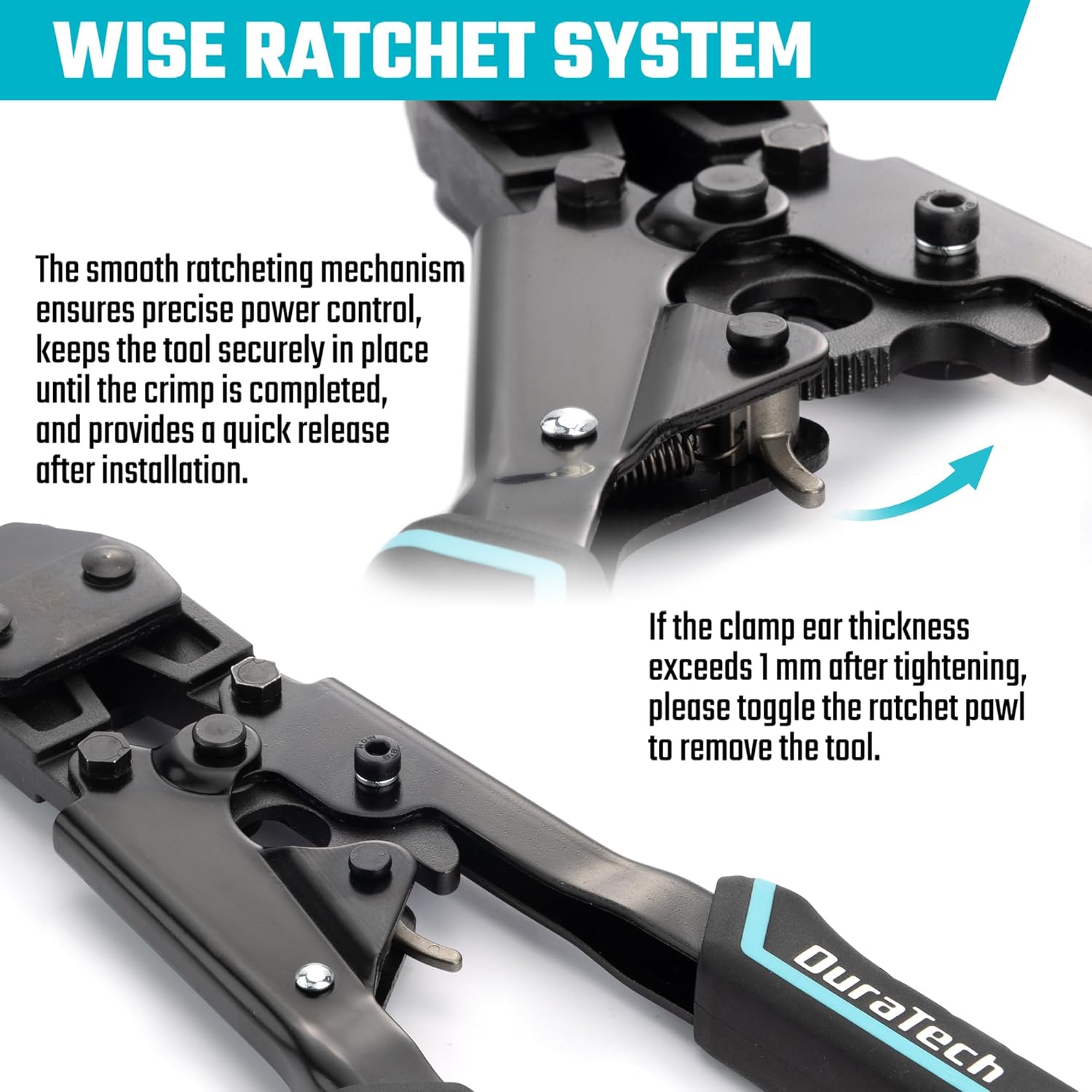 DURATECH Ratchet PEX Crimping Tool, PEX Cinch Tool for Fastening Stainless Clamps from 3/8-in to 1-in, Fits ASTM F2098 Clamps and 10mm Max Width Single Ear Clamps