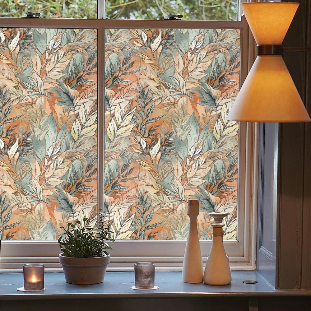 Boho Orange Green Leaf Plant Stained Glass Window Films Decorative Double-Side Privacy Film Self-Adhesive Static Glass Window Clings for Living Room Bathroom Decor
