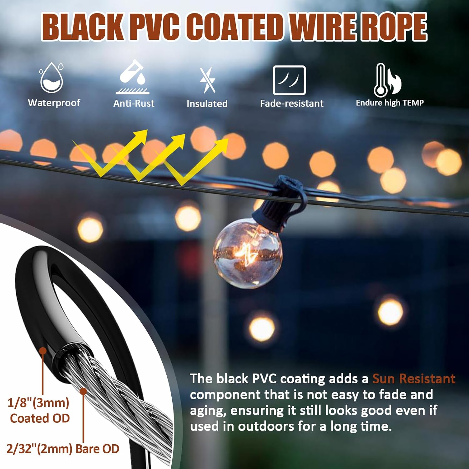 String Light Hanging Kit Outdoor, Full Black String Light Wire Hanging Kit Includ 100FT PVC Coated Steel Cable w/Enough Accessories, Guide Wire for Outdoor String Lights, Patio Lights