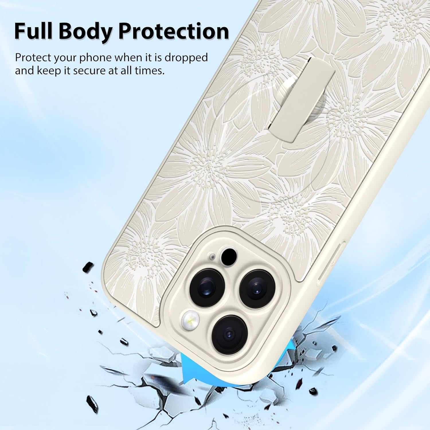 MZELQ for iPhone 15 Pro Case, Silicone Sunflower Floral Flower Cute Pattern, Support for MagSafe, Kickstand Wristband Camera Protection Soft Slim Phone Case for Girls Women -White