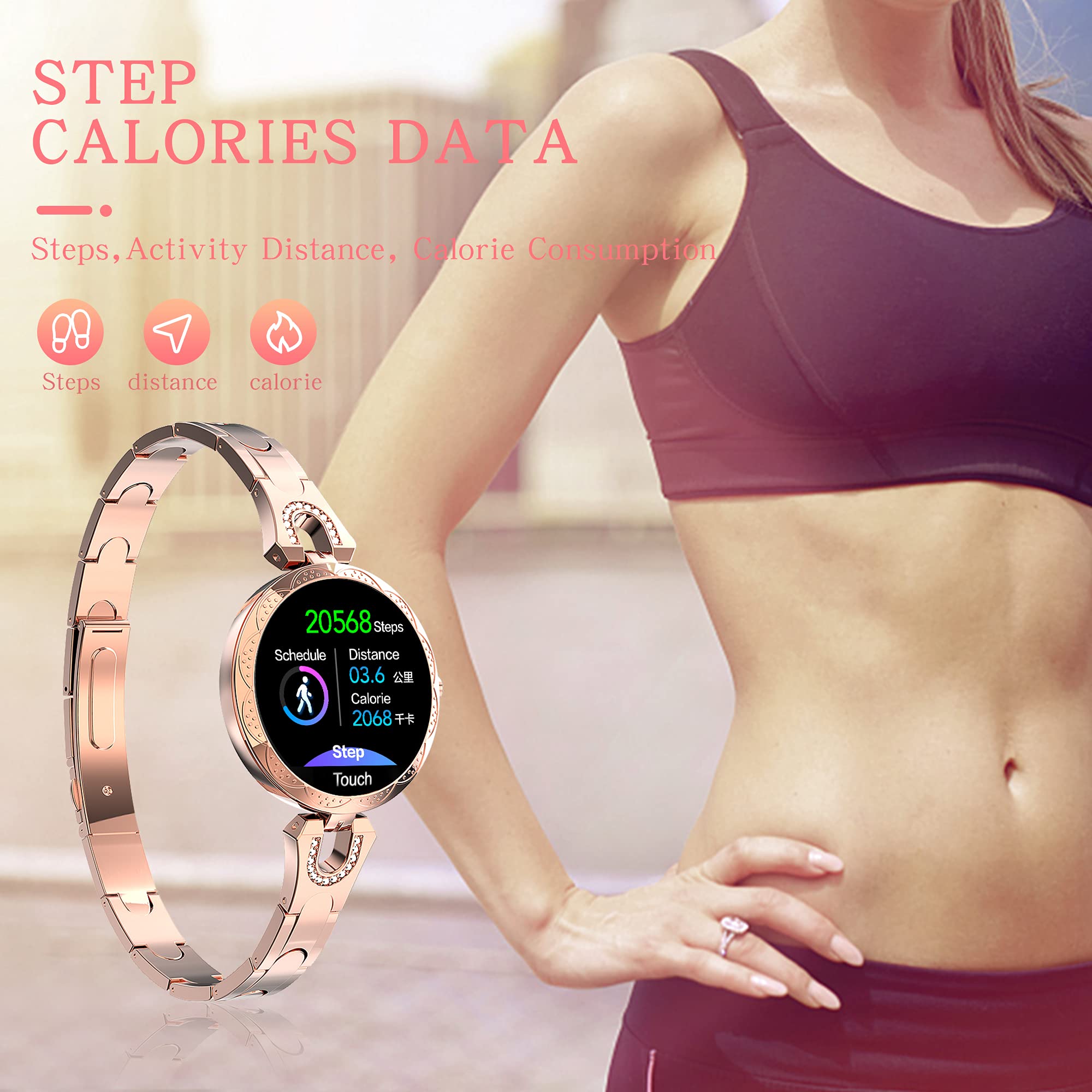 Wodoodporny stalowy zegarek damski z monitorem tętna i fitness dla Androida i iOS IP68 Wodoodporny, Złoto