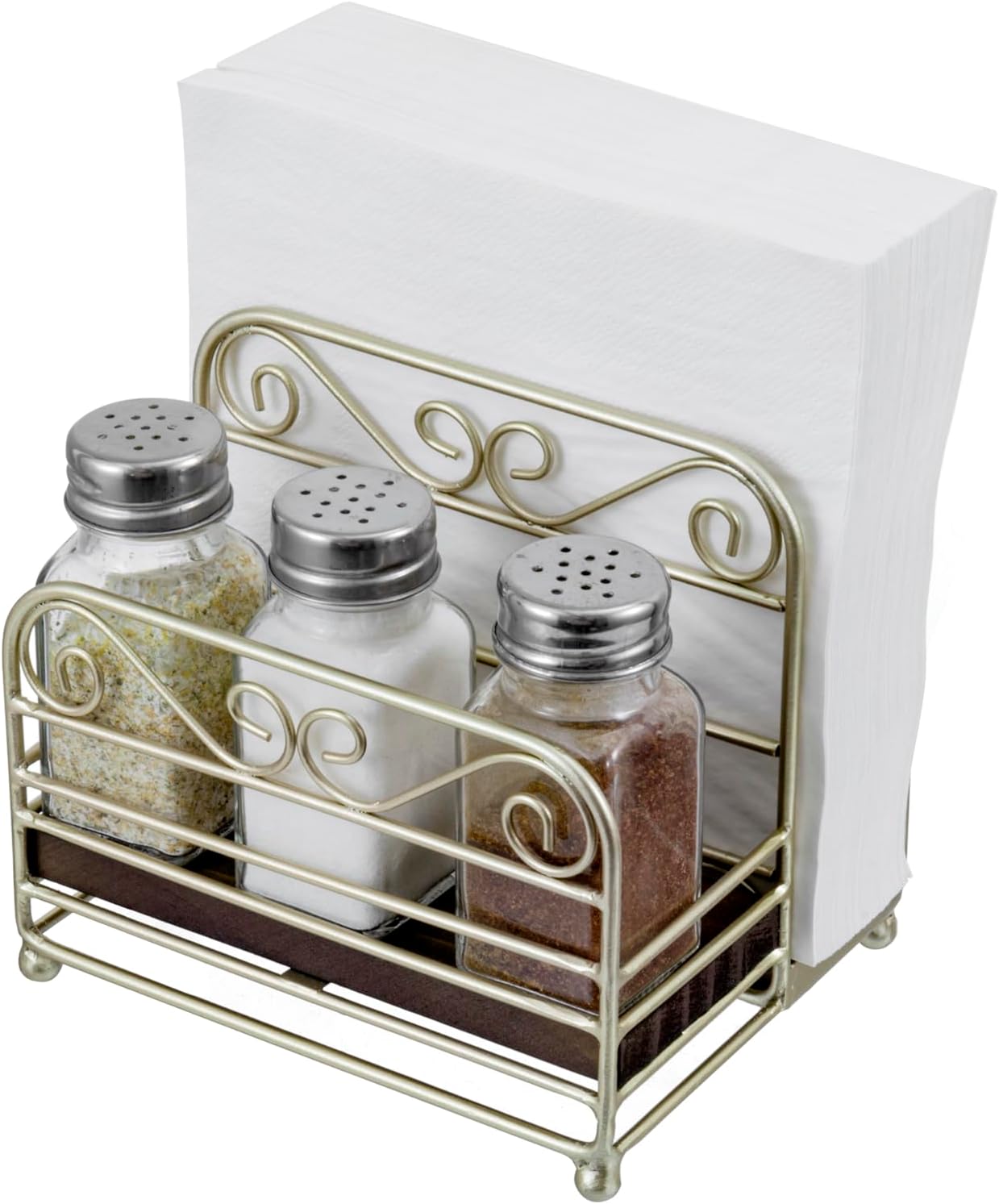 MyGift 2-in-1 Disposable Napkin and Salt & Pepper Caddy, Brass Tone Metal Vintage Scrollwork Dinner Table Paper Towel Condiment Holder with Rustic Burnt Solid Wood Base