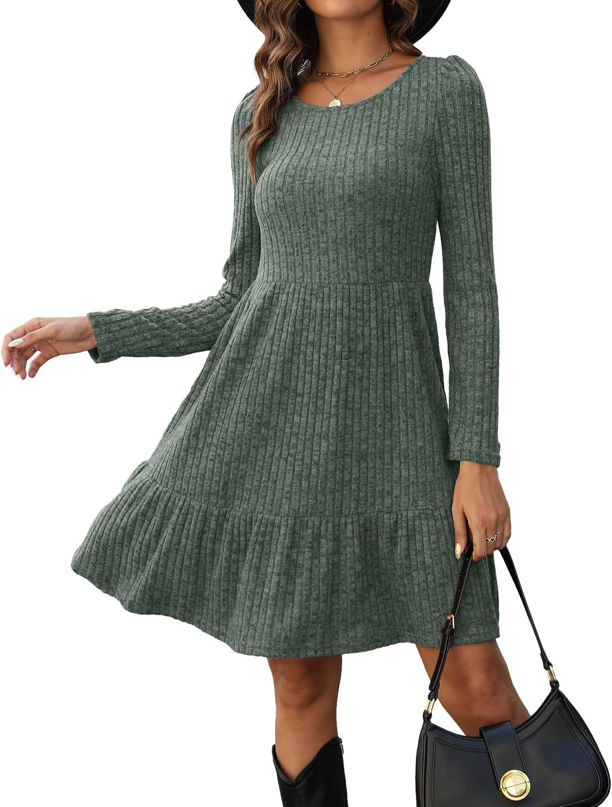 Zetieny Strickkleid Damen Langarm Elegant Rundhals A-Linie Knielang | Einfarbiges Pulloverkleid, Rüschensaum, Weich und Hautfreundlich, Dehnbar, Design mit vertikalen Streifen, Freizeit, Urlaub